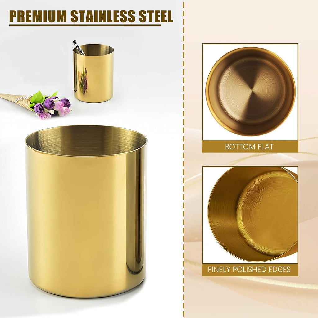 Gold Pen Holder for Desk, 3.6 Inch Stainless Steel Gold Pencil Holder & Pencil Cup, Pen Cup and Makeup Brush Organizer for Office Desk, Vanity, Home Decor