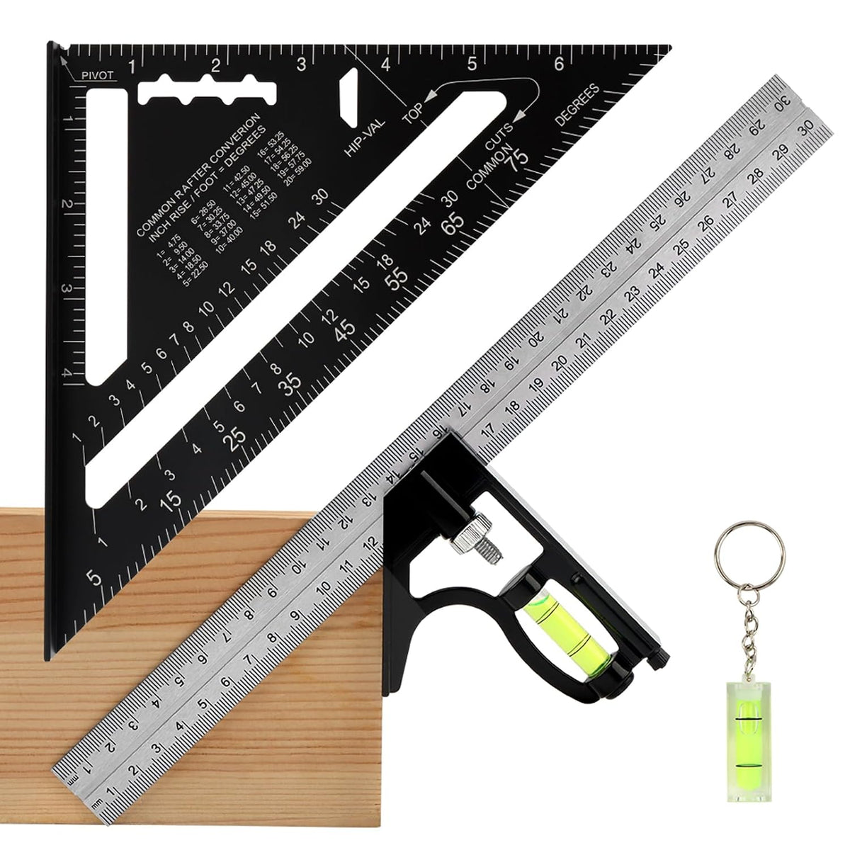 7 Inch Rafter Square & Combination Square Set, Aluminum Alloy Carpenter Square Tool with Dual-Sided Markings, Mini Woodworking Layout Ruler with Small Level for Home DIY Household Repairs