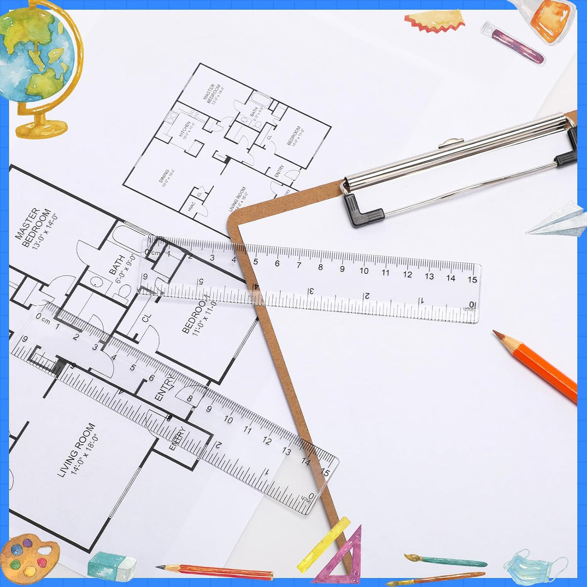 EBOOT 2 Pcs Acrylic Rulers Clear Plastic Rulers Straight Ruler, 6 Inch