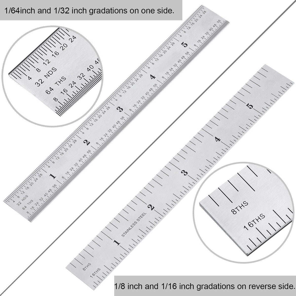 2 Pack Stainless Steel Ruler Machinist Engineer Metric Ruler with Markings 1/8, 1/16, 1/32, 1/64 Inch for Engineering, School, Office, Architect, and Drawing