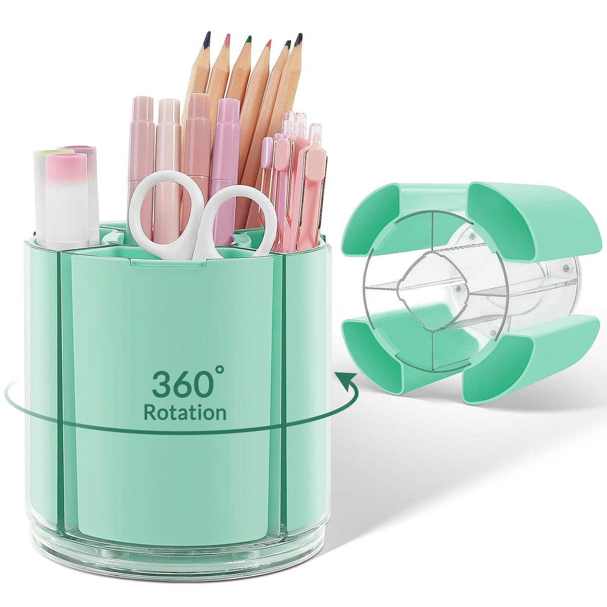 KONVINIT Pink Pen Holder for Desk, 5 Slots 360° Rotating Pen Organizer, Cute Desk Organizers and Accessories for School, Home, Office and Art Supply