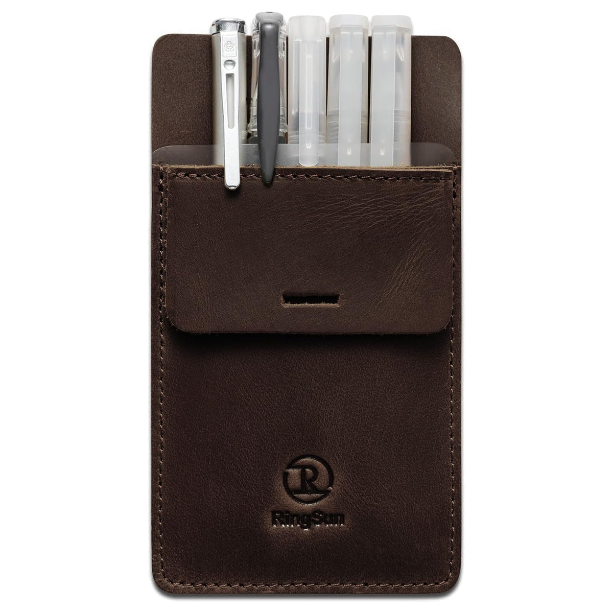 Ringsun Men's Pocket Protector - Full Grain Leather - Heavy Duty Pen Holder for Shirts, Lab Coats - Holds 6 Pens & Pointers & Cards