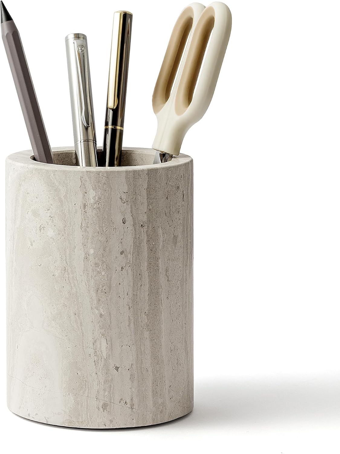 Natural Marble Pen Holder for Desk, Handcrafted Sturdy Desk Organizer with Anti-Slip Base 3.1” x 4.3” – Unique Stone Craft for Office Supplies, Makeup Brushes & Home Decor Grey (WH077)