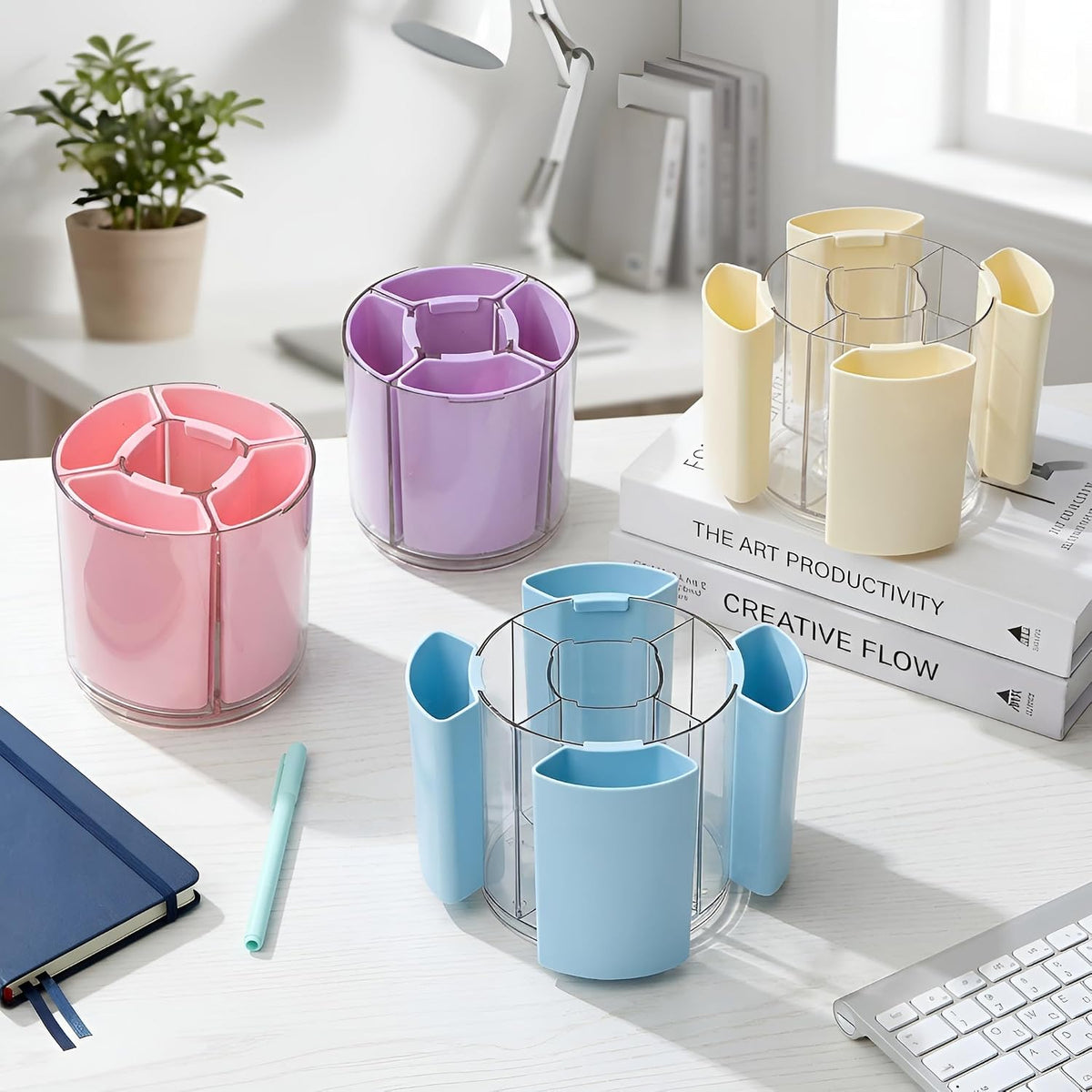 Comix 360° Rotating Pen Holder for Desk, Beige Pencil Holder with 5 Slots
