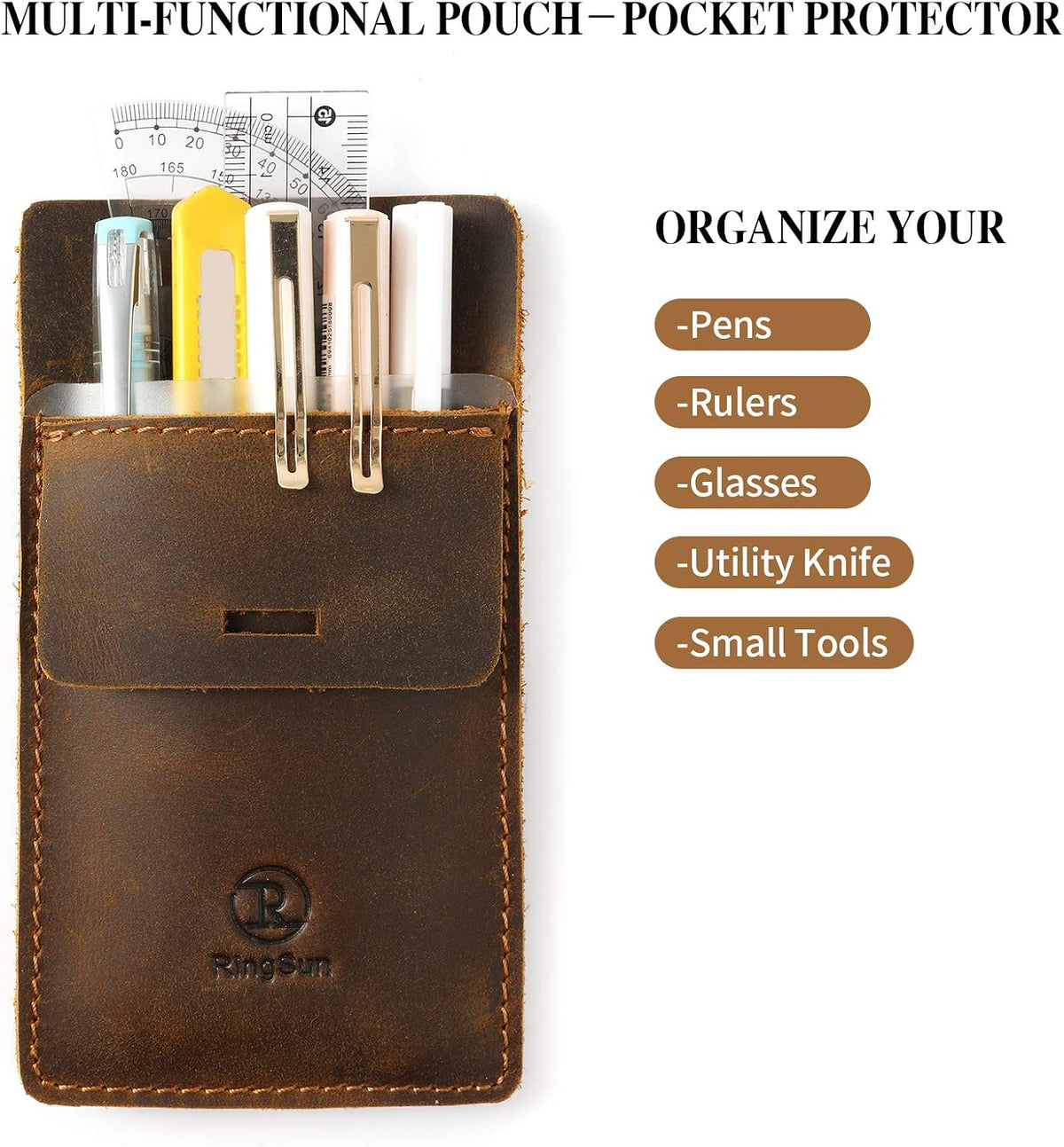 Ringsun Men's Pocket Protector - Full Grain Leather - Heavy Duty Pen Holder for Shirts, Lab Coats - Holds 6 Pens & Pointers & Cards