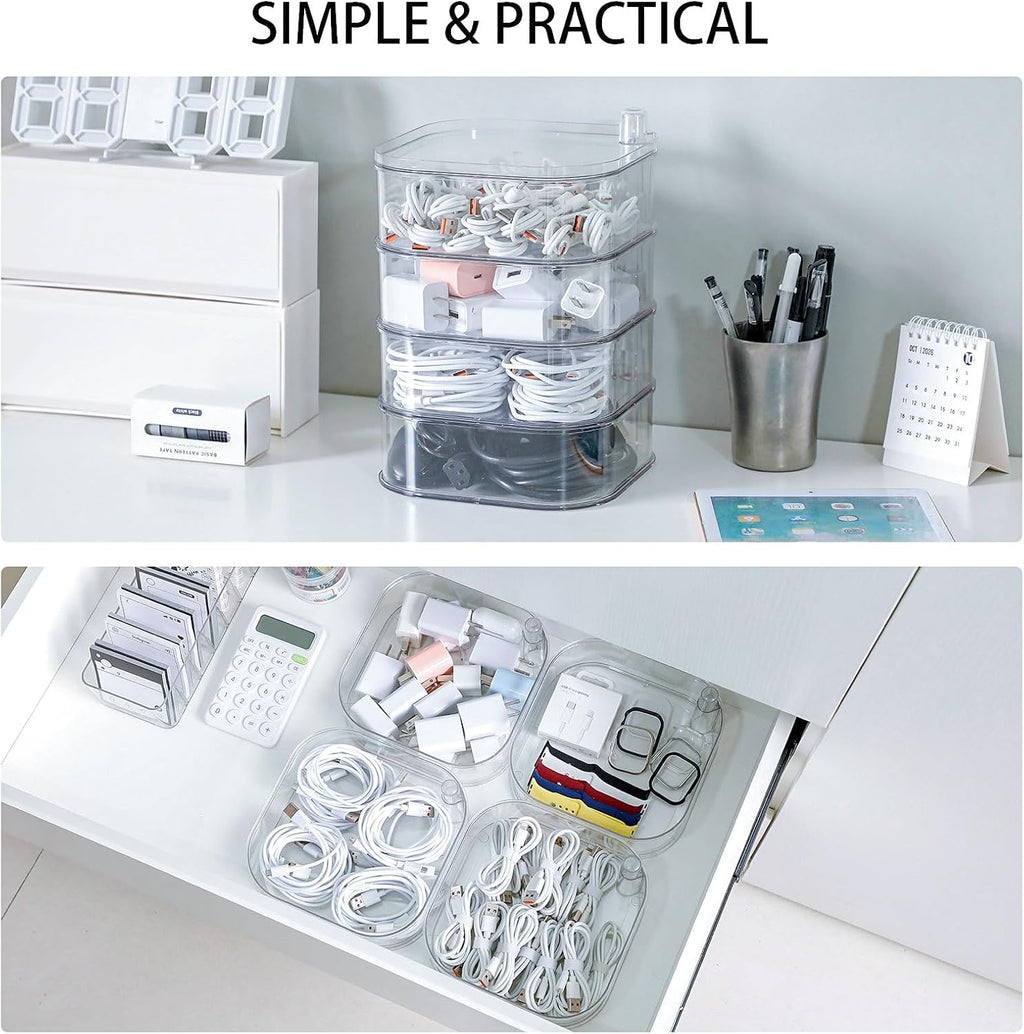 Large Charger Cable Storage Box with Lid, 4-Tiers, Clear