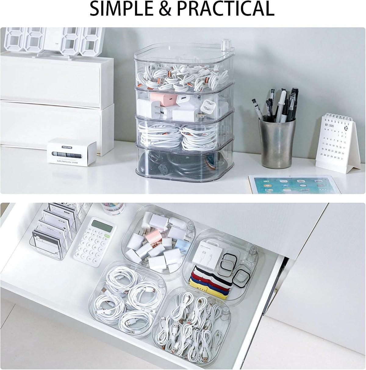 Large Charger Cable Storage Box with Lid, 4-Tiers, Clear
