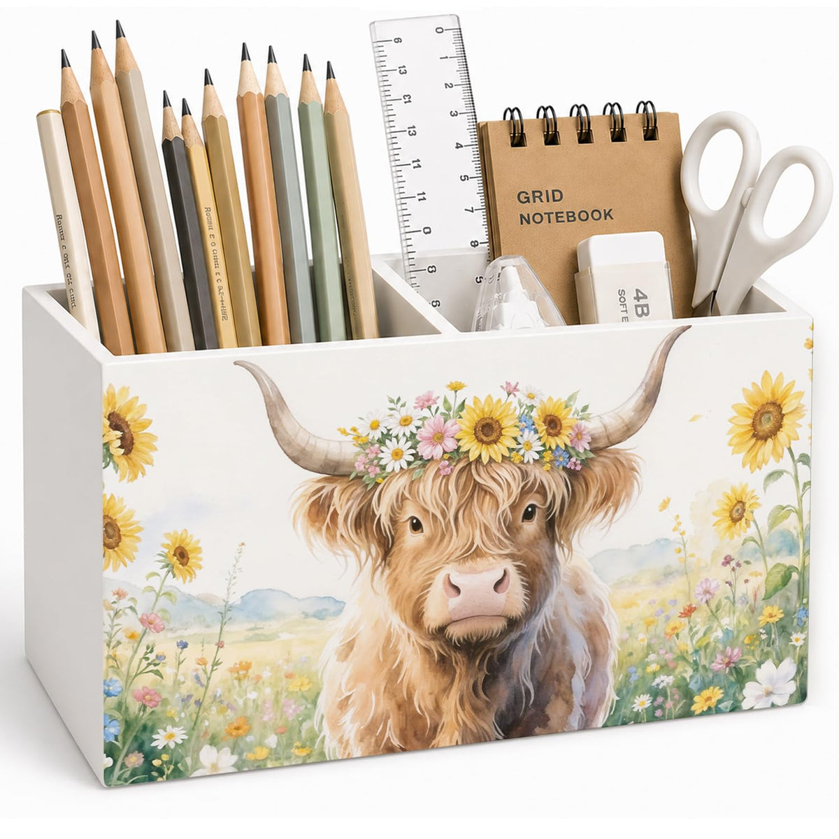 Lacama Spring Tulip Floral Pen Pencil Holder for Desk, Tulip Flower Botanical Sage Green Floral Pretty Cottagecore Pencil Holders Wooden Box Organizer for Home Office Bedroom Desk Tabletop