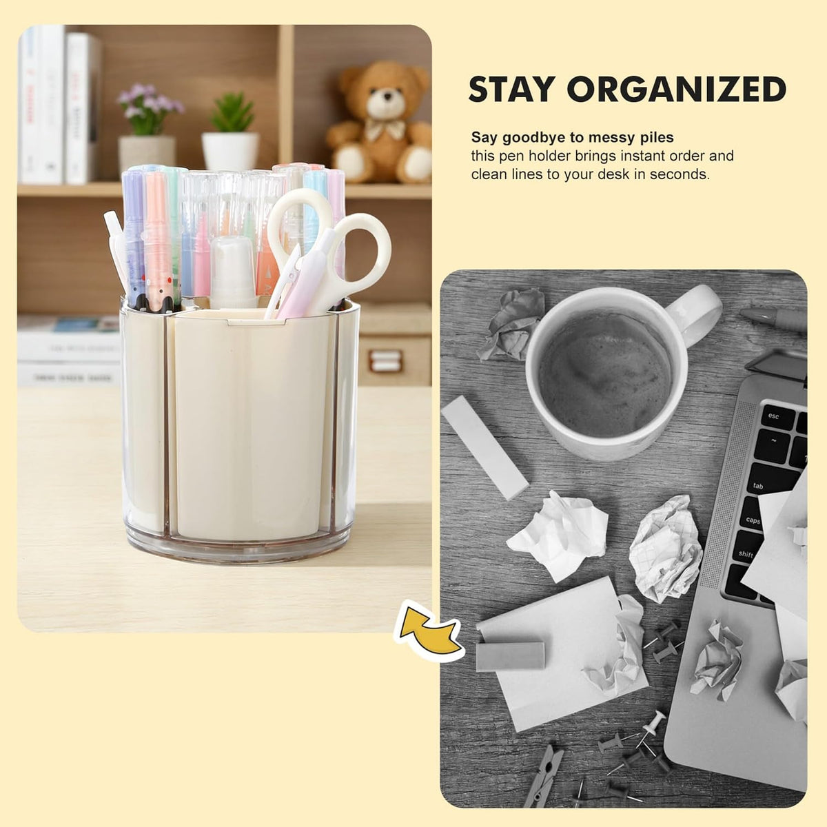 Comix 360° Rotating Pen Holder for Desk, Beige Pencil Holder with 5 Slots