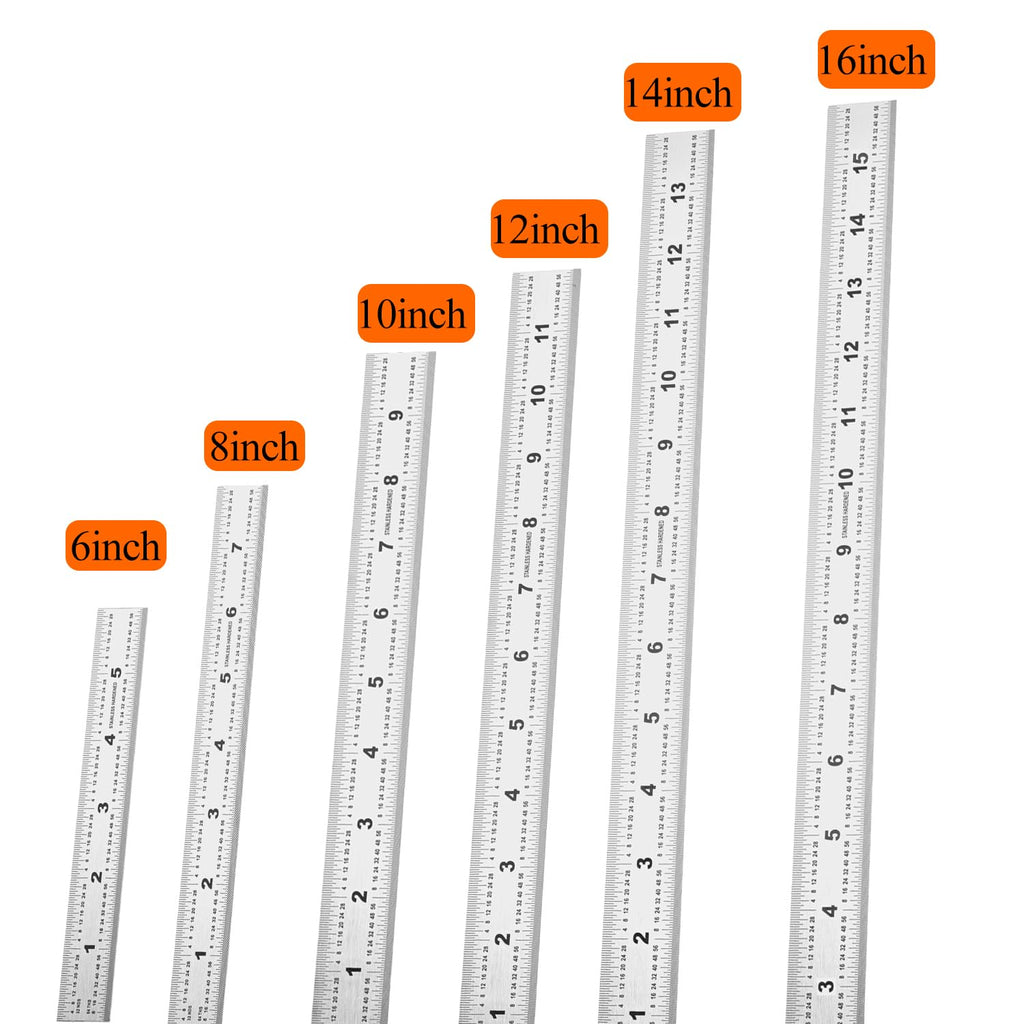6-Pcs Stainless Steel Ruler Set – 6", 8", 10", 12", 14", 16" Precision Metal Rulers with Inch & Metric Graduations – 1/64", 1/32", mm & 0.5mm Markings – for Workshop, Office, Sewing & DIY