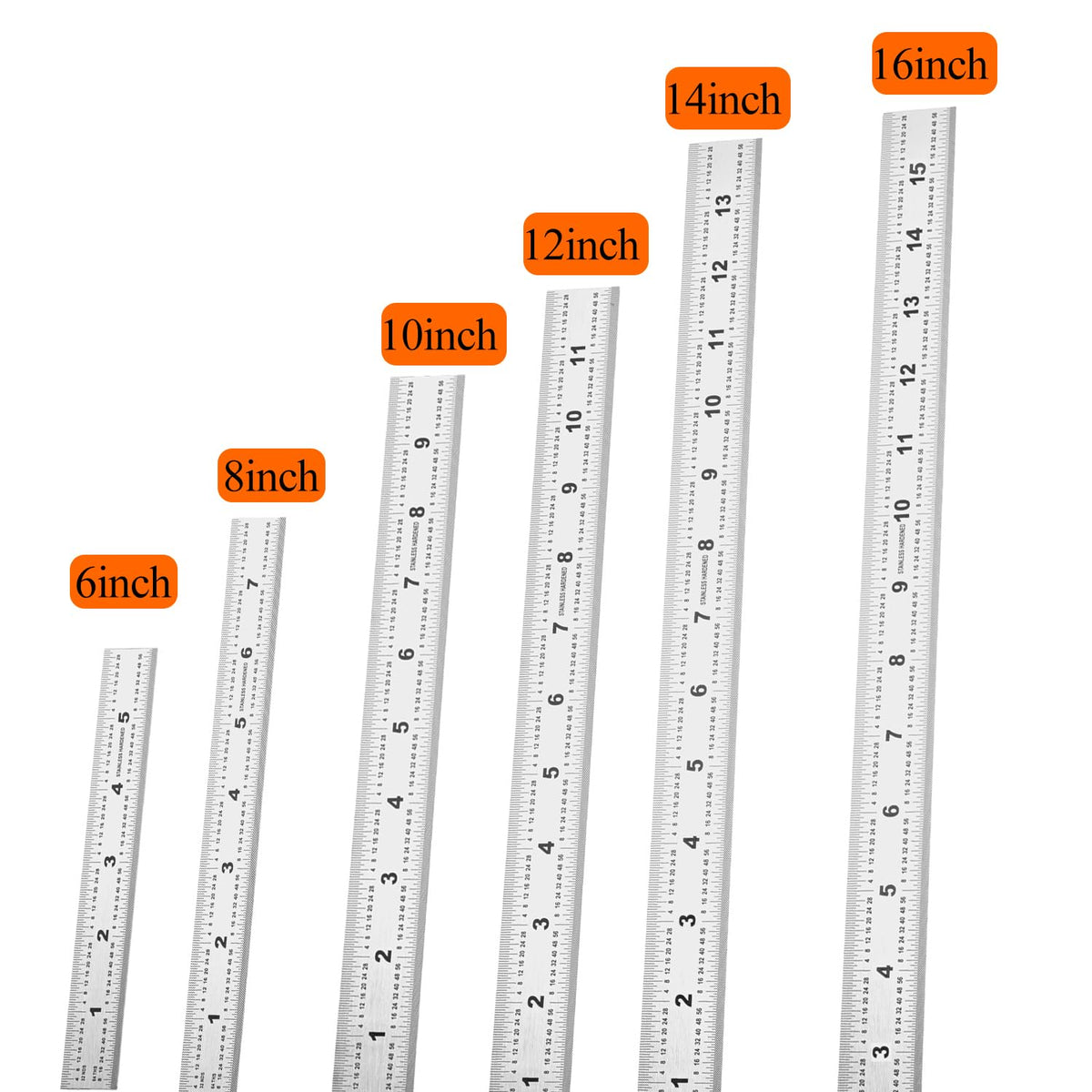 6-Pcs Stainless Steel Ruler Set – 6", 8", 10", 12", 14", 16" Precision Metal Rulers with Inch & Metric Graduations – 1/64", 1/32", mm & 0.5mm Markings – for Workshop, Office, Sewing & DIY