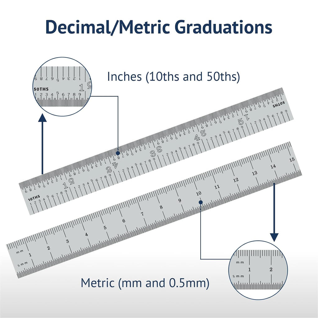 PEC Tools Made in USA 6"/150mm Rigid D/M Metal Ruler, 10ths 50ths 1mm 0.5mm