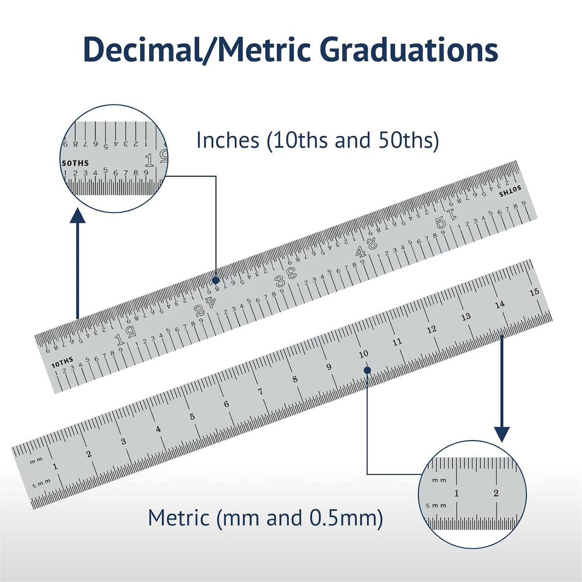PEC Tools Made in USA 6"/150mm Rigid D/M Metal Ruler, 10ths 50ths 1mm 0.5mm