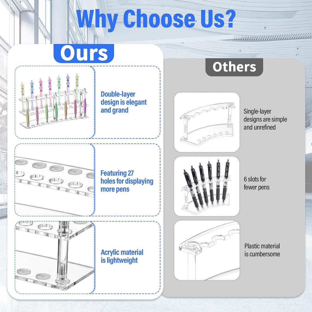 Zourane Acrylic Pen Display Stand, 2-Tier 27 Slots 1.5cm Wide Pen Holder