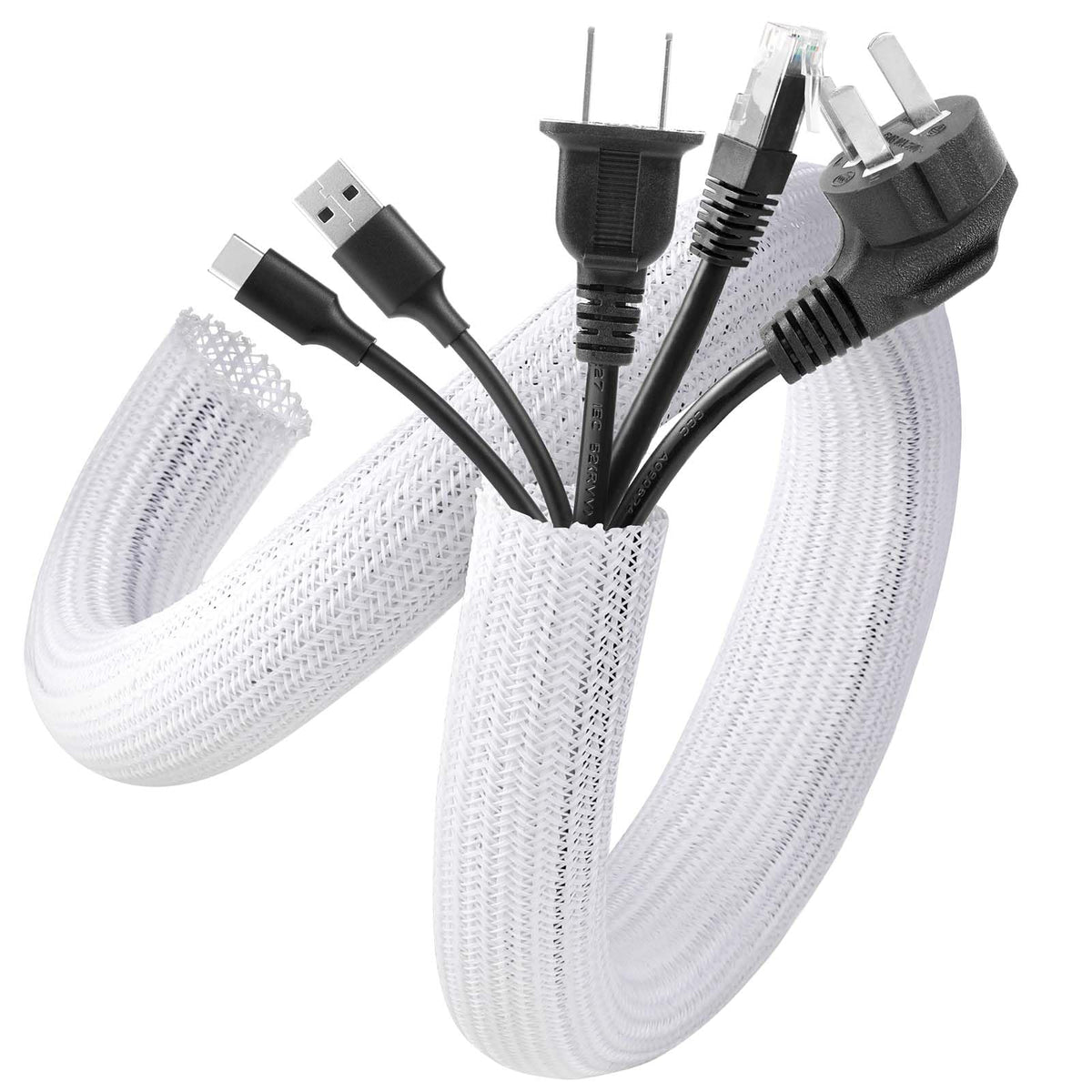 AGPTEK White Cable Management Sleeve, 2 Pack 5ft - 1.2 inch Cord Hider