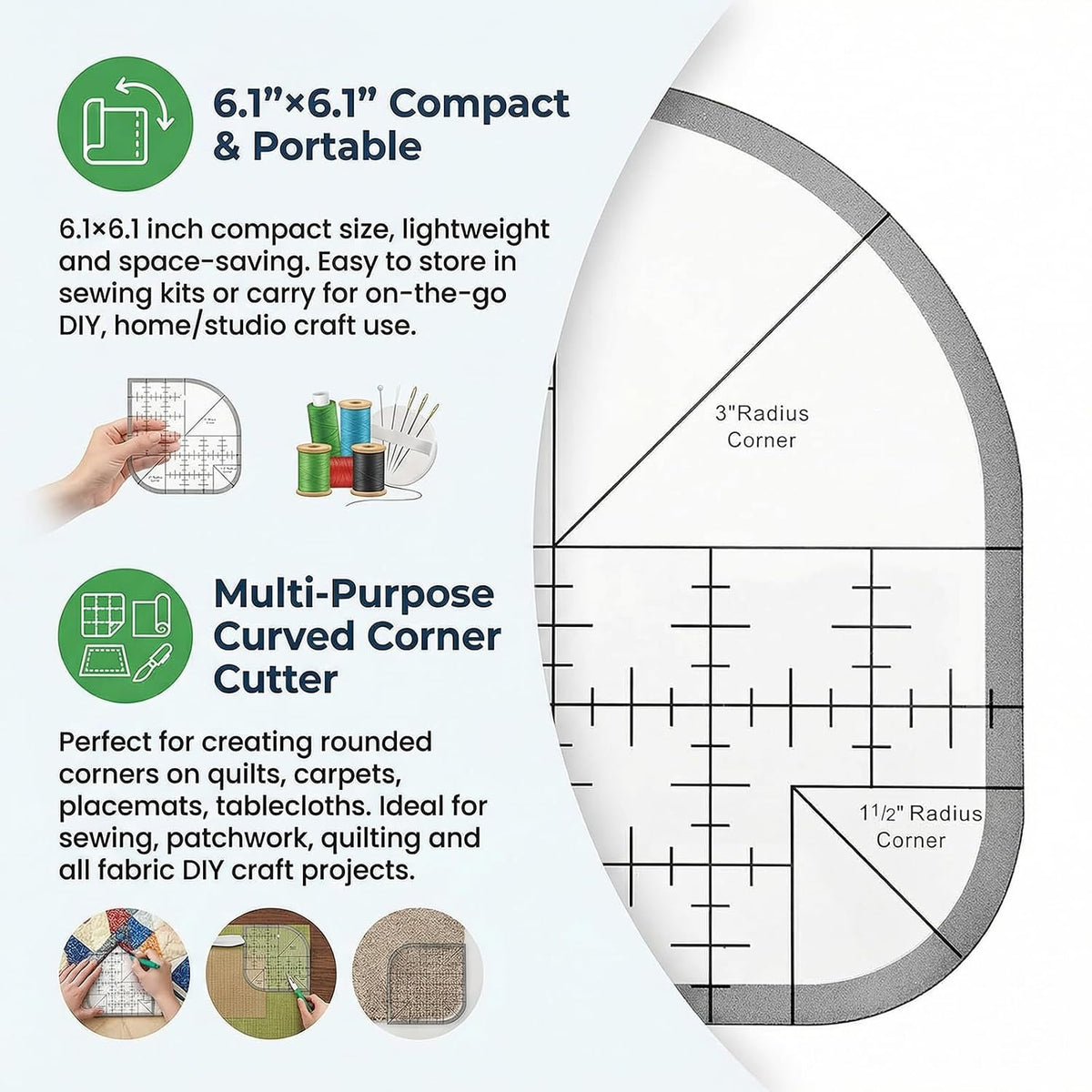 Acrylic Curved Corner Cutter Ruler, Quilting Guides Fabric Craft Ruler for Sewing Patchwork DIY Quilting Templates