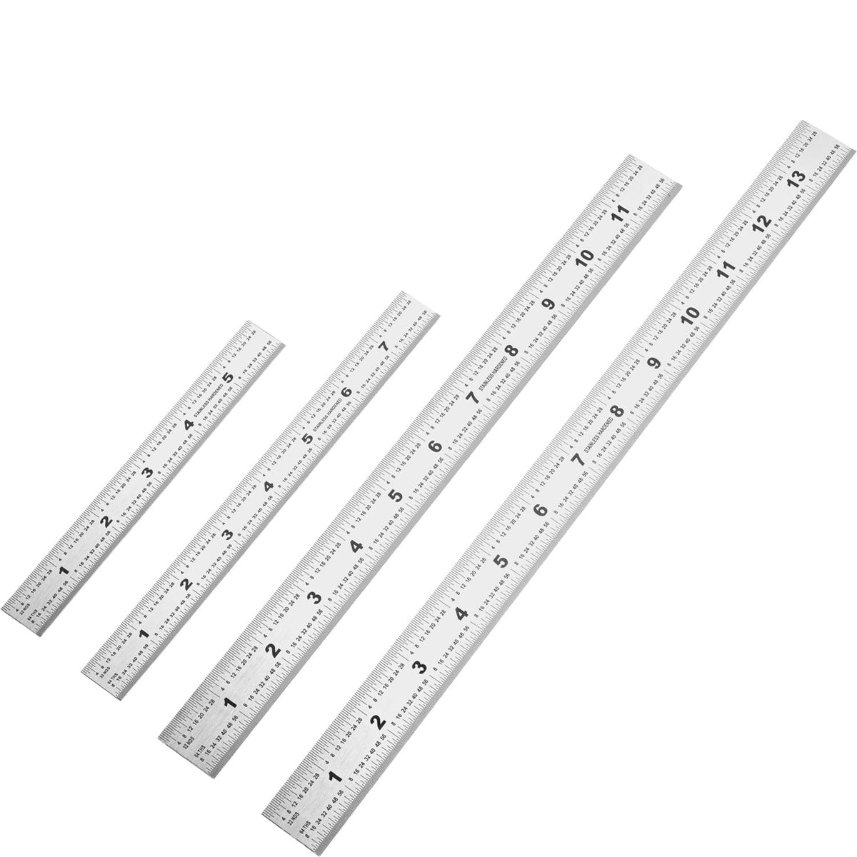 6-Pcs Stainless Steel Ruler Set – 6", 8", 10", 12", 14", 16" Precision Metal Rulers with Inch & Metric Graduations – 1/64", 1/32", mm & 0.5mm Markings – for Workshop, Office, Sewing & DIY