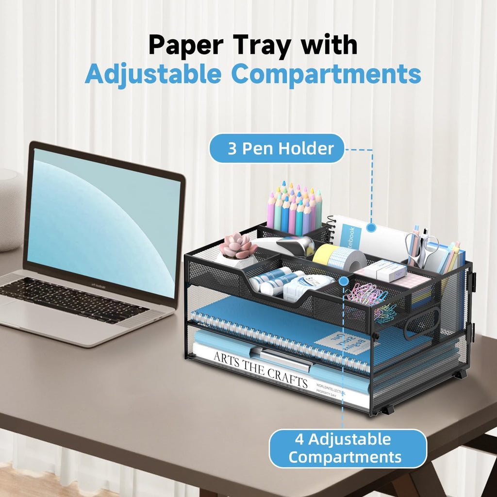 DALTACK 3 Tier Desk Organizer with Pen Holders and Paper Trays, Black