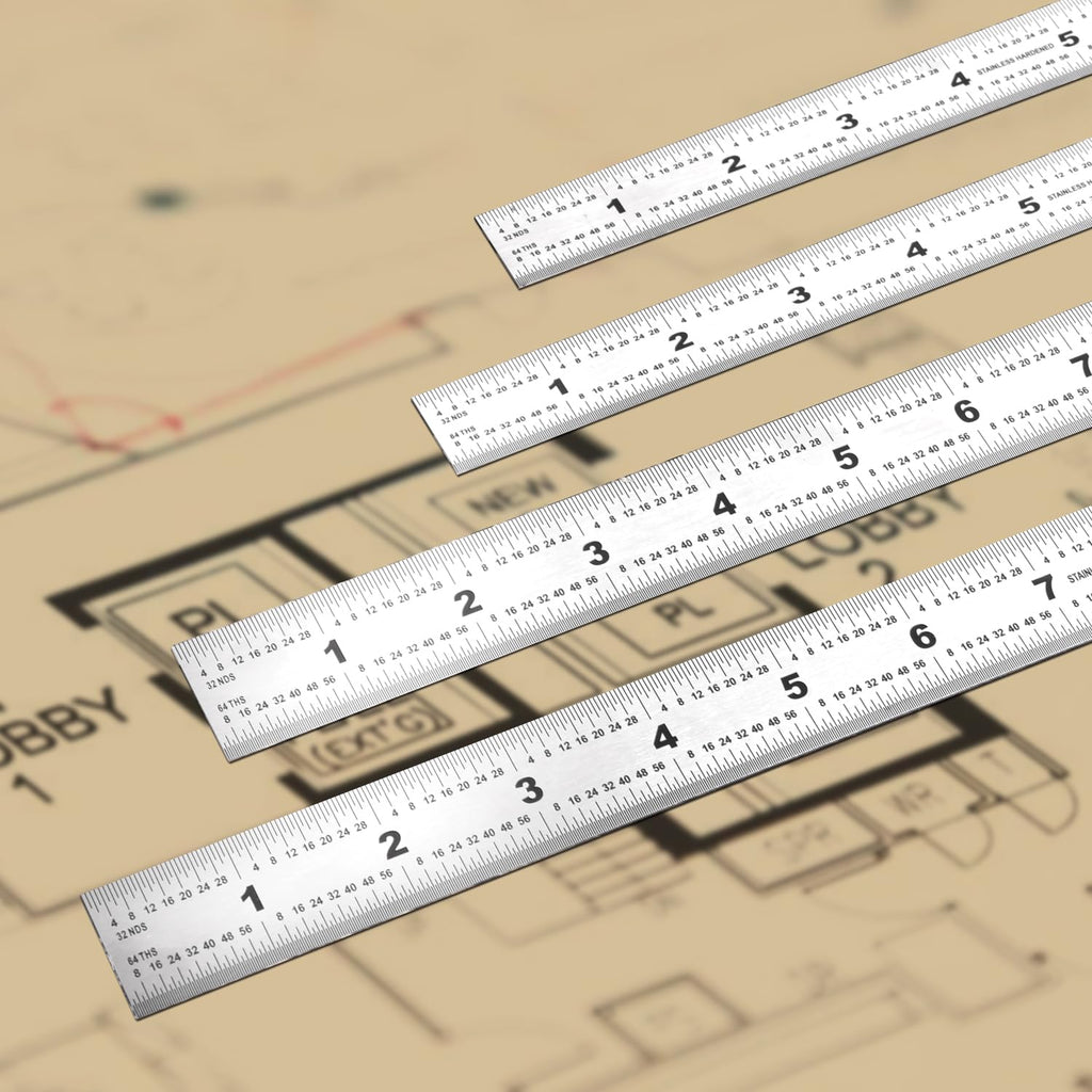 6-Pcs Stainless Steel Ruler Set – 6", 8", 10", 12", 14", 16" Precision Metal Rulers with Inch & Metric Graduations – 1/64", 1/32", mm & 0.5mm Markings – for Workshop, Office, Sewing & DIY