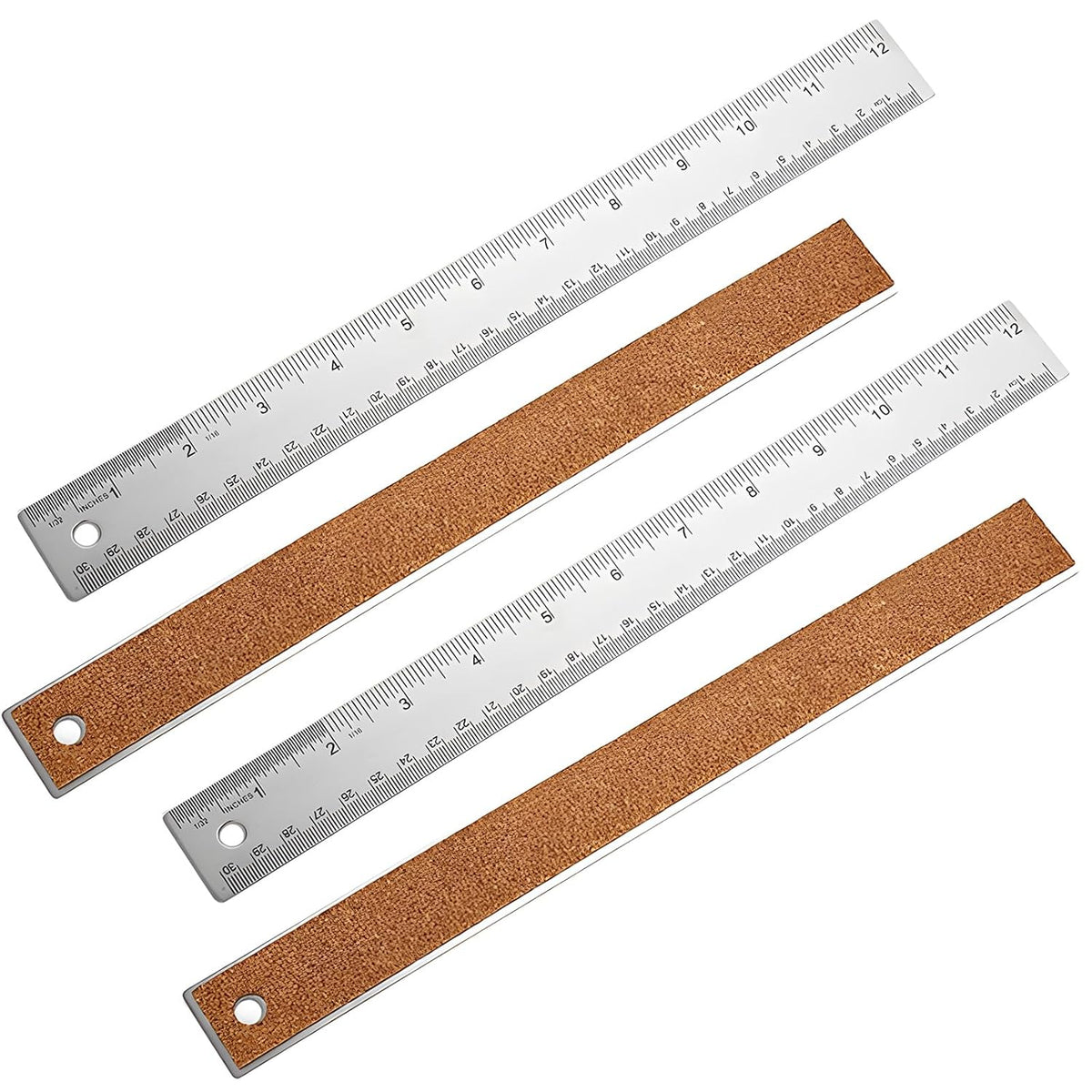 4PCS 12" Metal Ruler, Imperial & Metric, Stainless Steel with Cork Backing