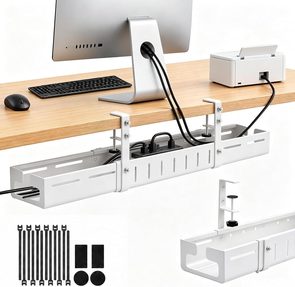 Under Desk Cable Management Tray, Expandable 25.2-38.6 Inch,White