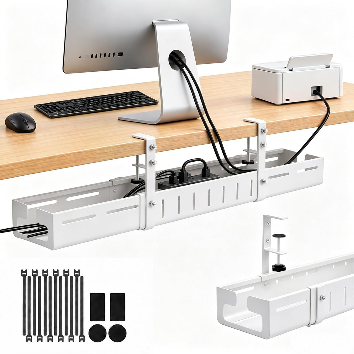 Under Desk Cable Management Tray, Expandable 25.2-38.6 Inch,White