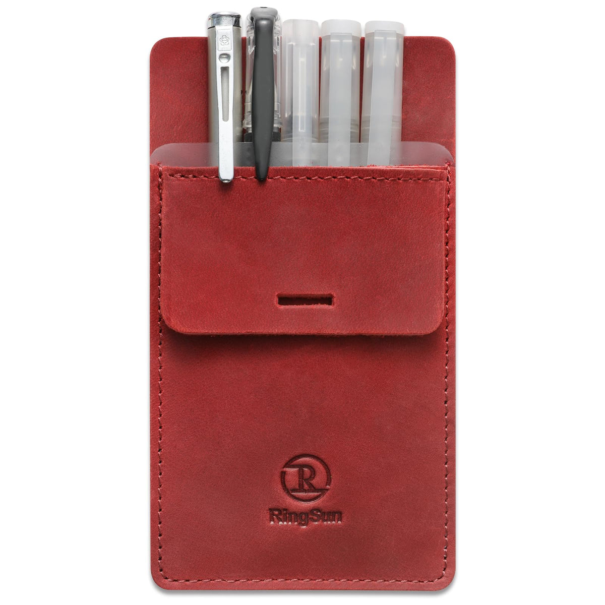 Ringsun Men's Pocket Protector - Full Grain Leather - Heavy Duty Pen Holder for Shirts, Lab Coats - Holds 6 Pens & Pointers & Cards