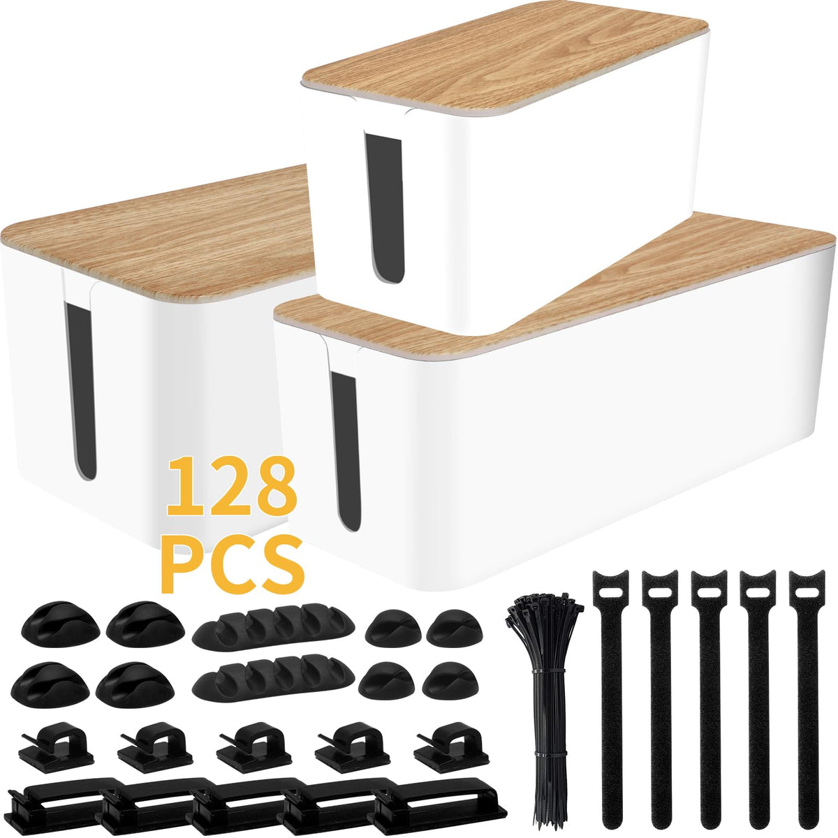128PCS Cable Management Box 3Pack Cable Management Kit for Power Strip to Hide Wires,Cord Hider Boxes,Cord Box Safe ABS Material Wire Organizer of Cable Clips Sleeve for Home & Office, Black