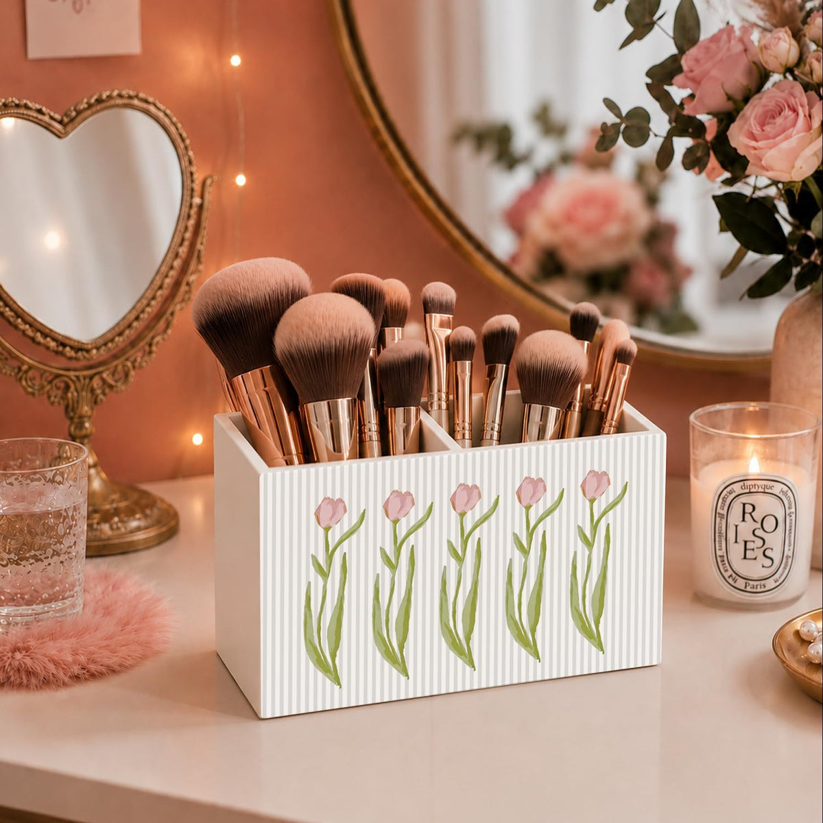 Lacama Spring Tulip Floral Pen Pencil Holder for Desk, Tulip Flower Botanical Sage Green Floral Pretty Cottagecore Pencil Holders Wooden Box Organizer for Home Office Bedroom Desk Tabletop