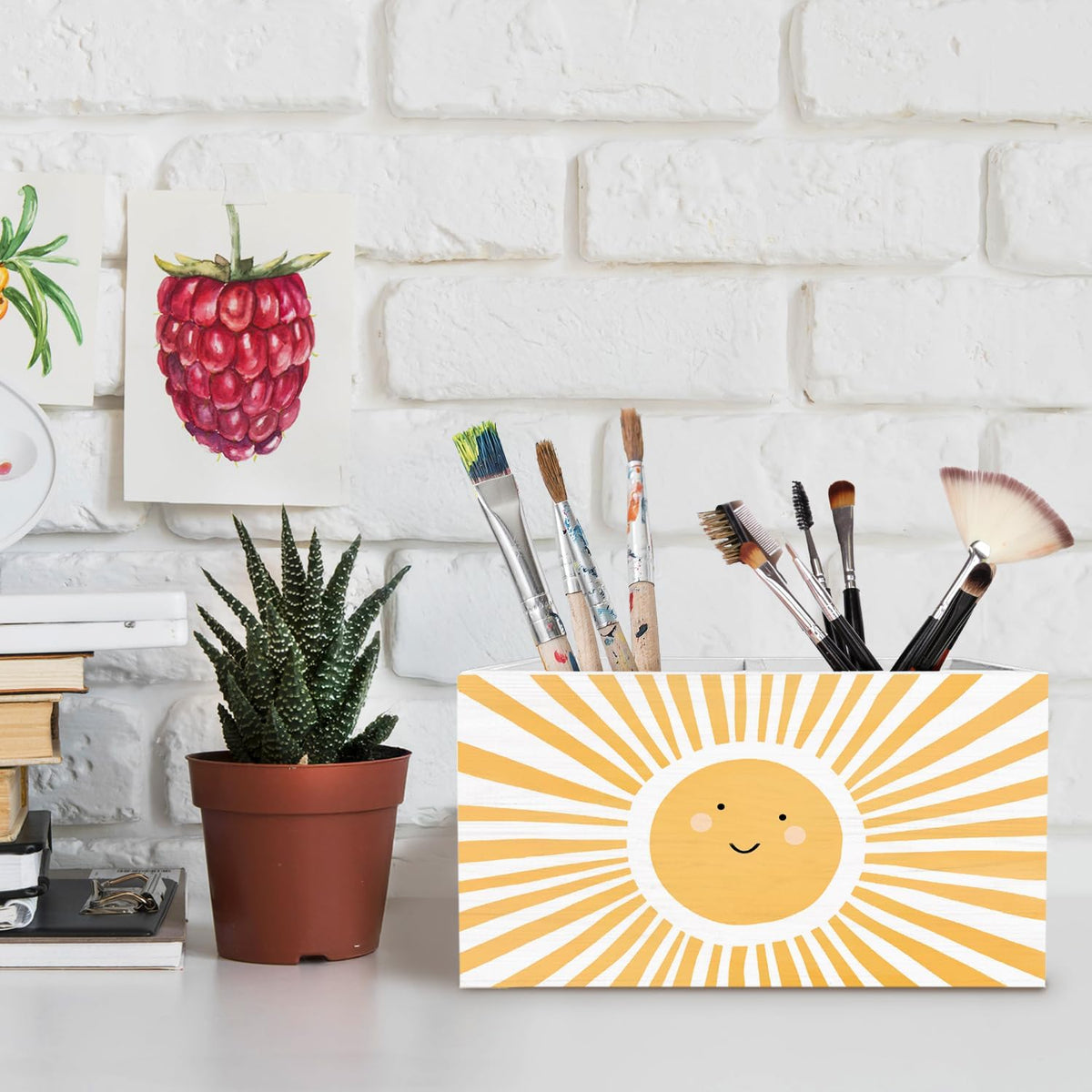 Boho Sunshine Pen Holder for Desk, Boho Classroom Decor Pencil Organizer, Cute Orange Yellow Sun Wooden Box Sign Desk Decor for Kids Room Nursery Playroom Classroom Decoration