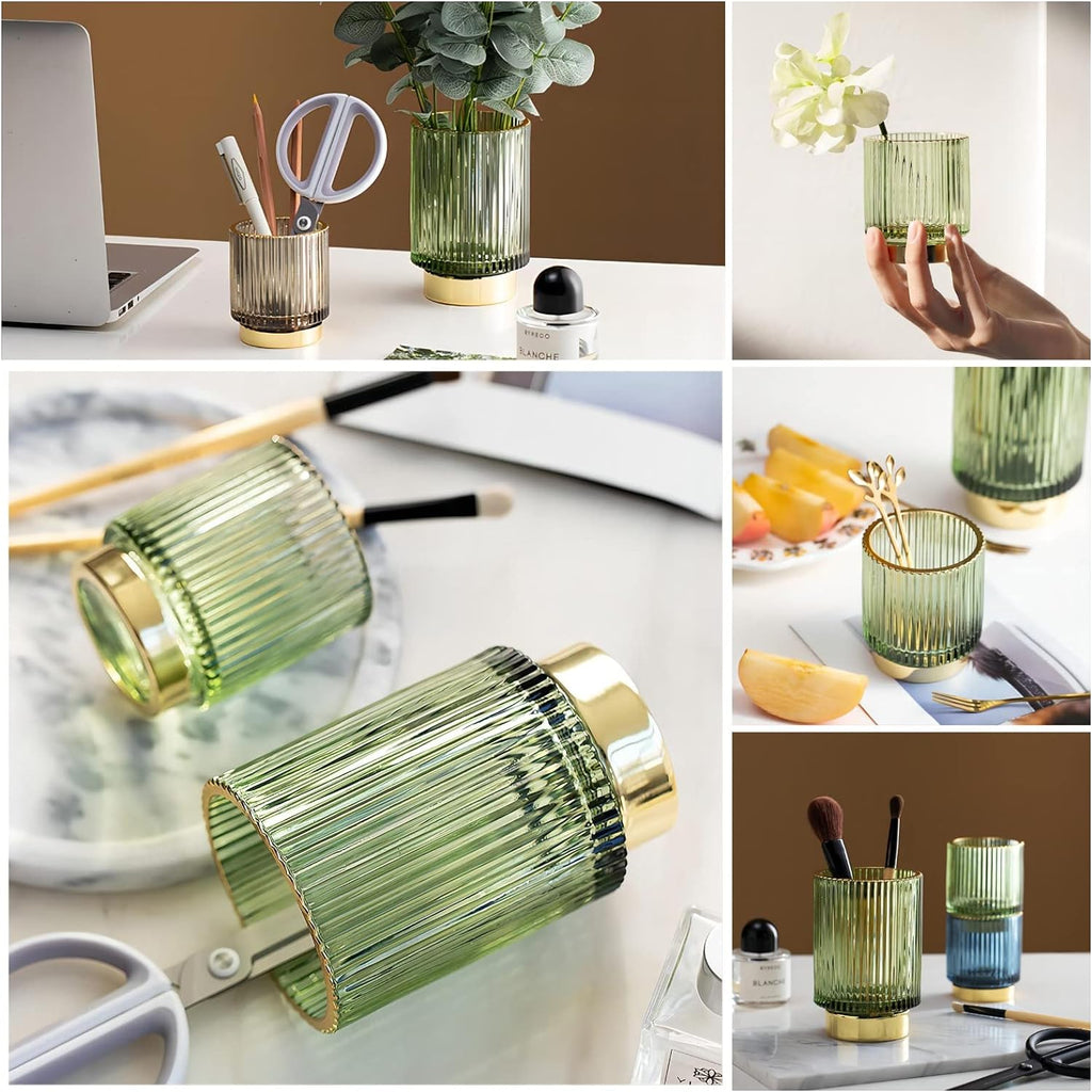 DASITON Makeup Brush holder Organizer,Crystal Cosmetic Makeup Brush Glass Brushes Storage Holder, Vintage Make Up Brush Cup Pen Pencil Holder striped vase(Green L)