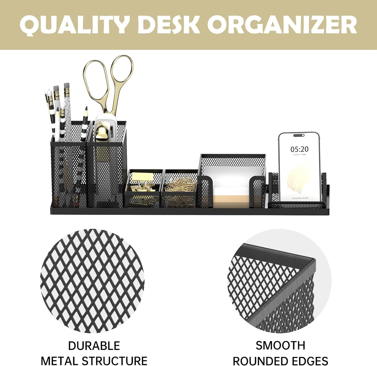 Pen Holder for Desk, 6-Piece Mesh Desk Organizer with Phone Holder, Black