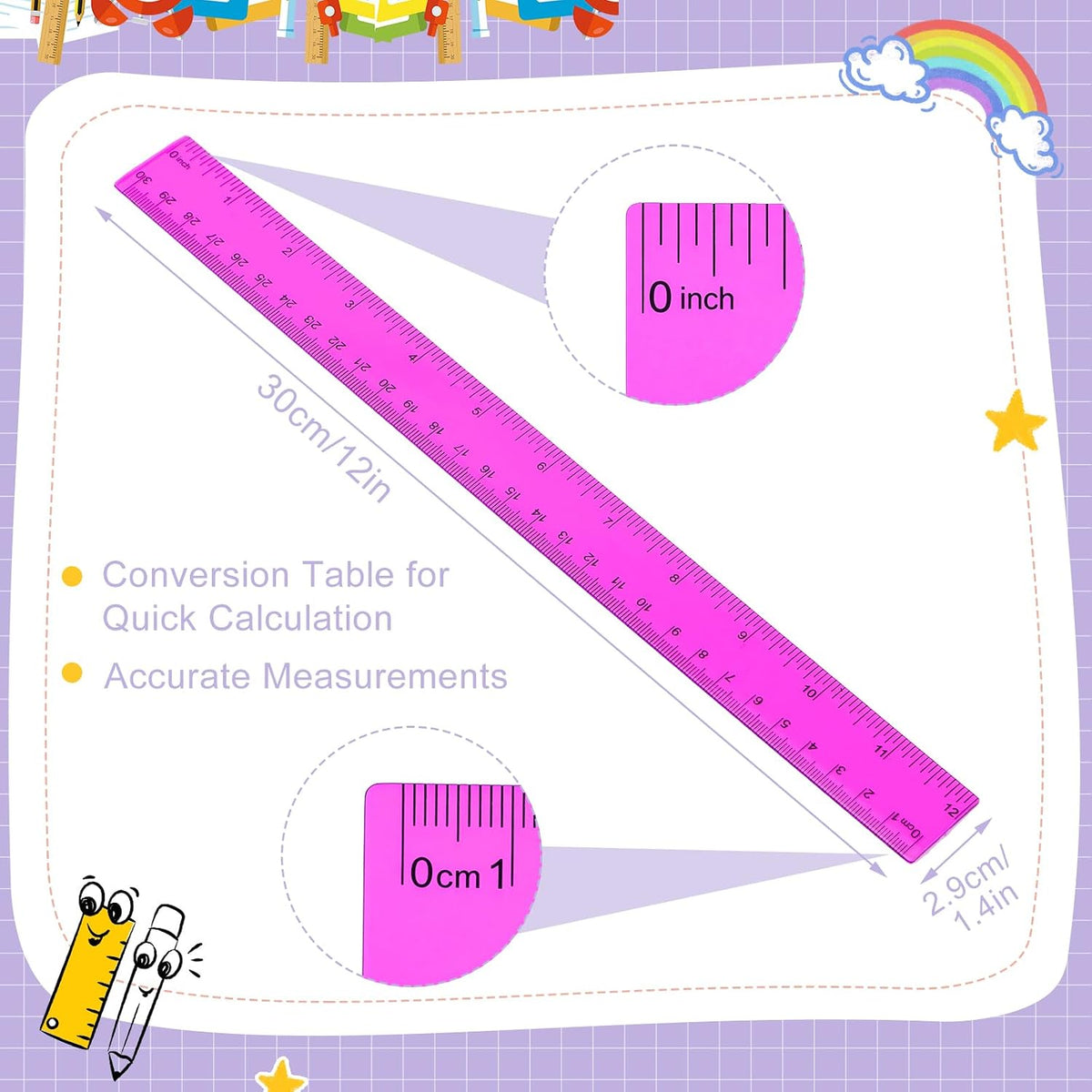 EBOOT 2 Pack Plastic Ruler Straight Clear Measuring Tool, Purple, 12 Inch