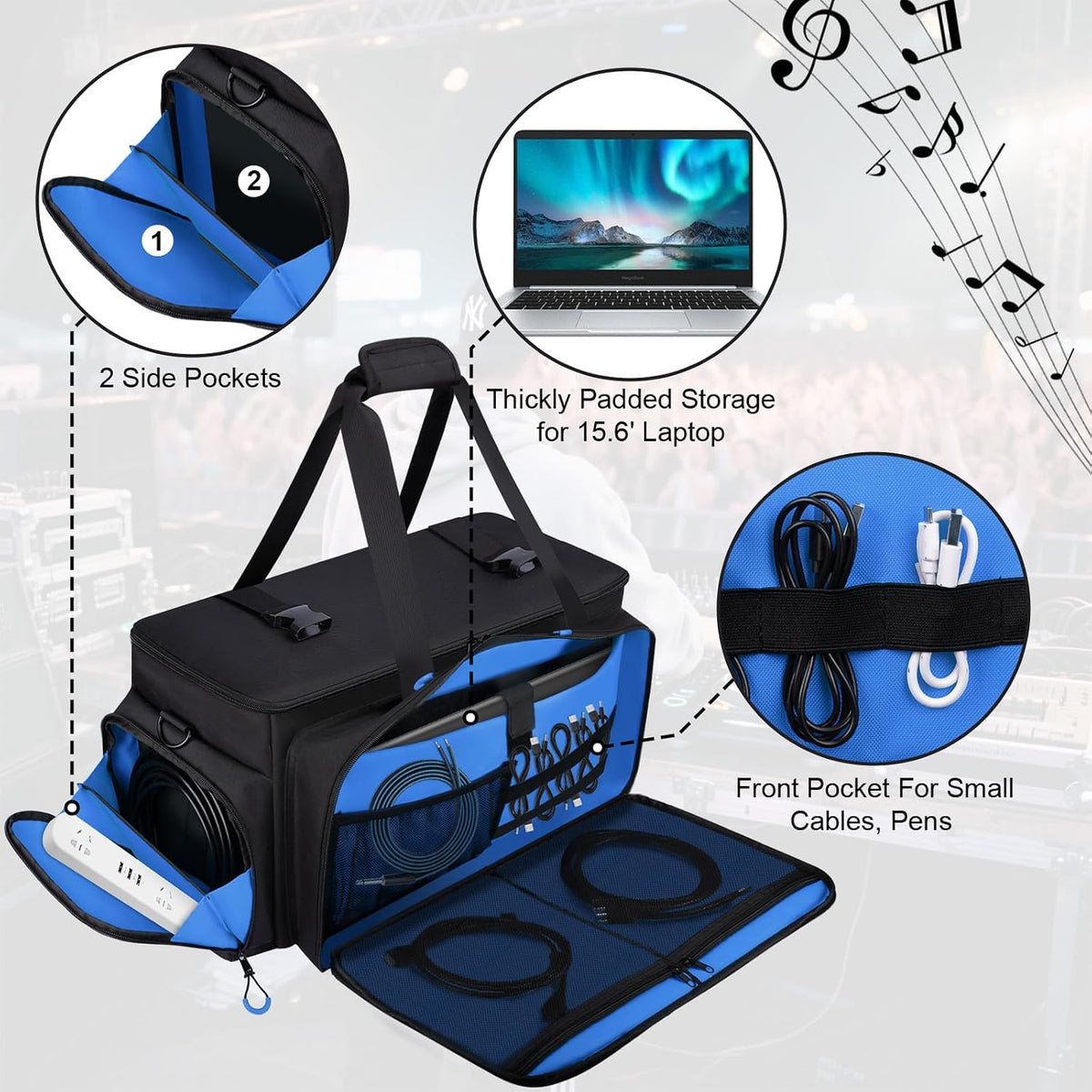Large Dj Cable Bag with Detachable Dividers, Bottom Pad