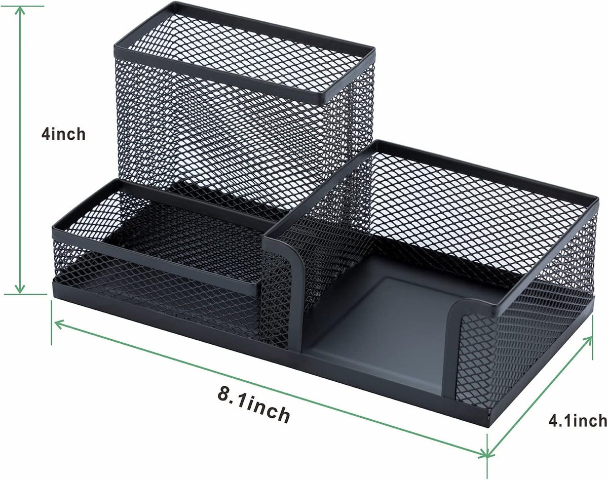 Black Mesh Pen Holder - Multipurpose Mesh Desk Organizers Large Capacity Office Supplies with Sticky Notes Holder and 3 Compartments 4 Non-slip Mats Easy Storage Suitable for School, Home