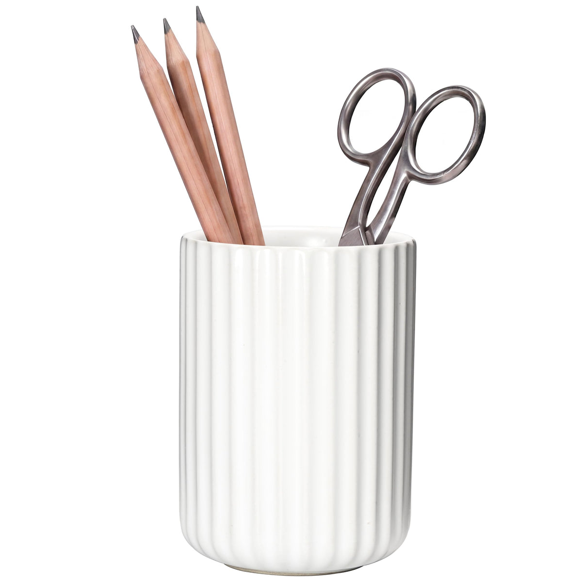 Ceramic Pen Holder with Vertical Groove Design, Desk Pen Pencil Cup for Office, Multipurpose Ceramic Cup for Pens, Pencils, Makeup Brushes, Small Ceramic Vase, Fish Belly White Fluted Surface