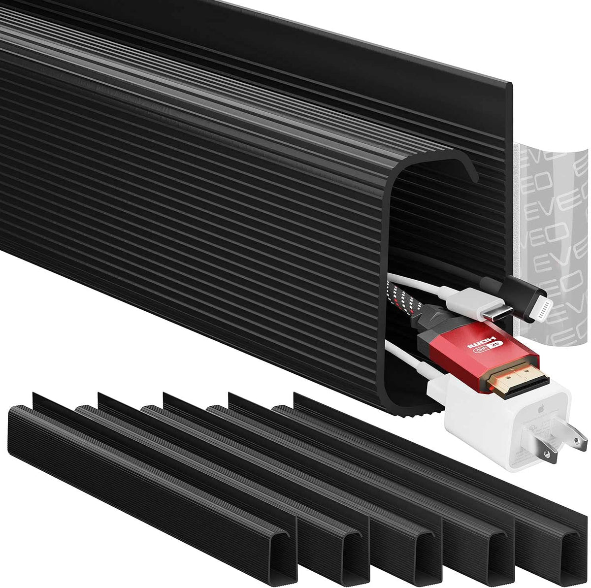 EVEO Cable Management Under Desk Kit (6 Units) - Under Desk Cable Management Cord Hider, Cable Hider Cord Management, Cable Organizer, Cable Raceway | Self-Adhesive 96'' J Channel 6X16 - Black