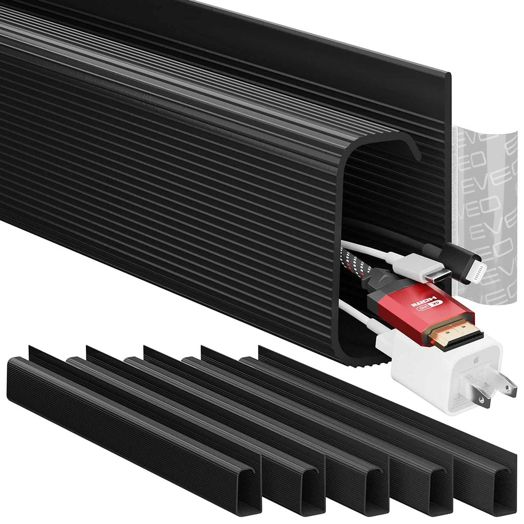 EVEO Cable Management Under Desk Kit (6 Units) - Under Desk Cable Management Cord Hider, Cable Hider Cord Management, Cable Organizer, Cable Raceway | Self-Adhesive 96'' J Channel 6X16 - Black