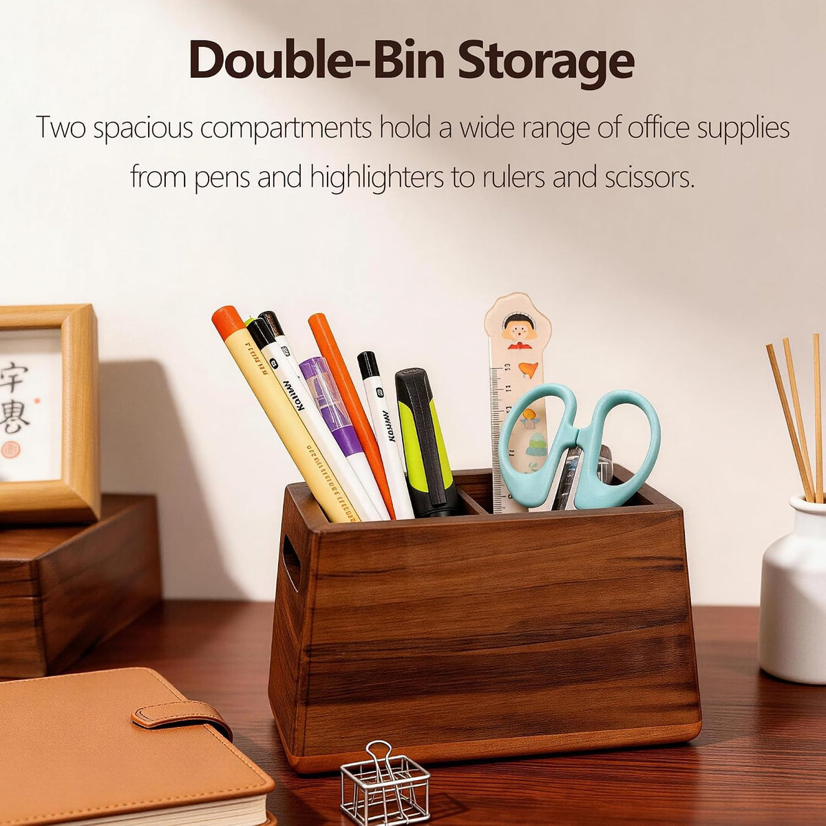 Solid Black Walnut Dual Slot wood Pen Holder for Desk