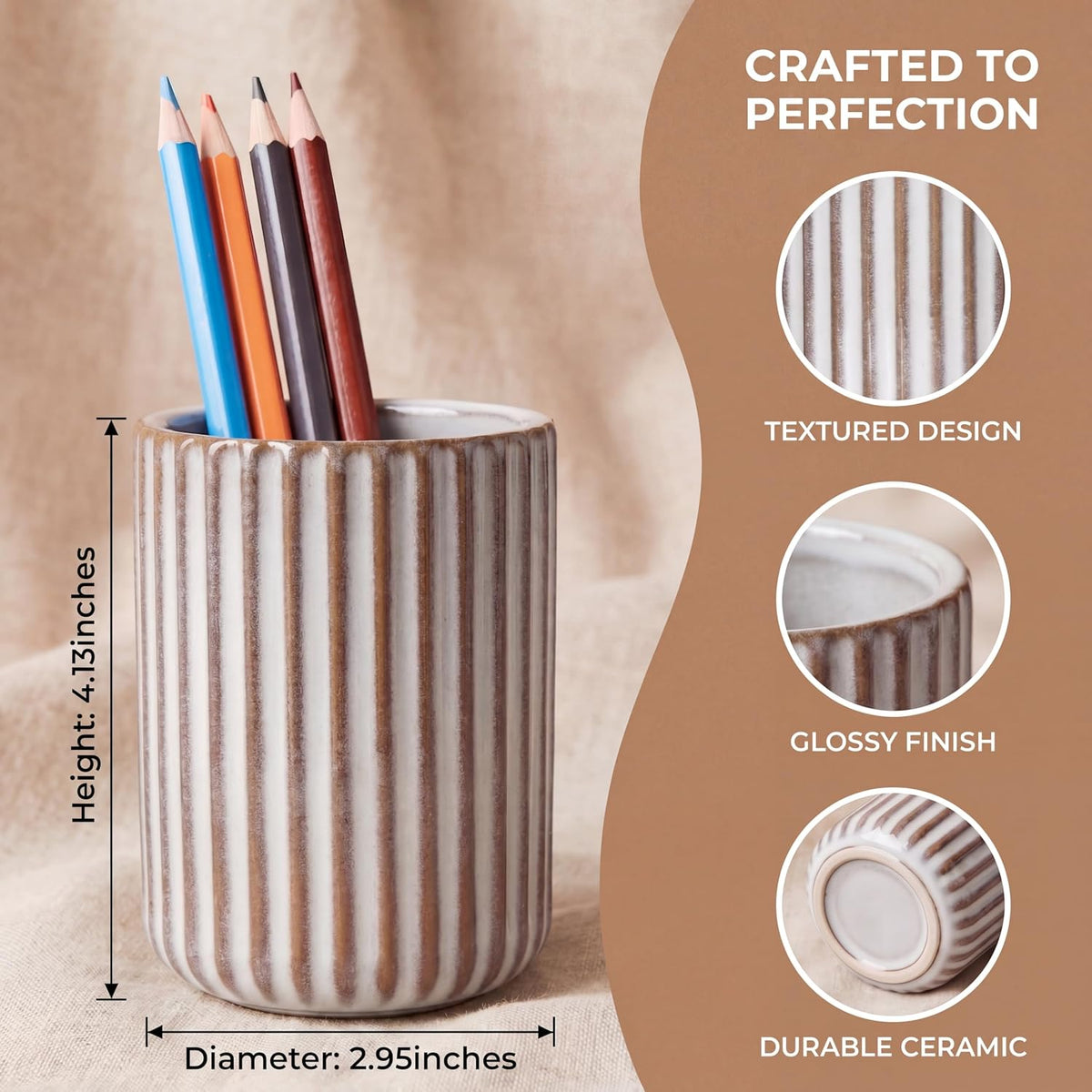 Ceramic Pen Holder with Vertical Groove Design, Desk Pen Pencil Cup for Office, Multipurpose Ceramic Cup for Pens, Pencils, Makeup Brushes, Small Ceramic Vase, Fish Belly White Fluted Surface