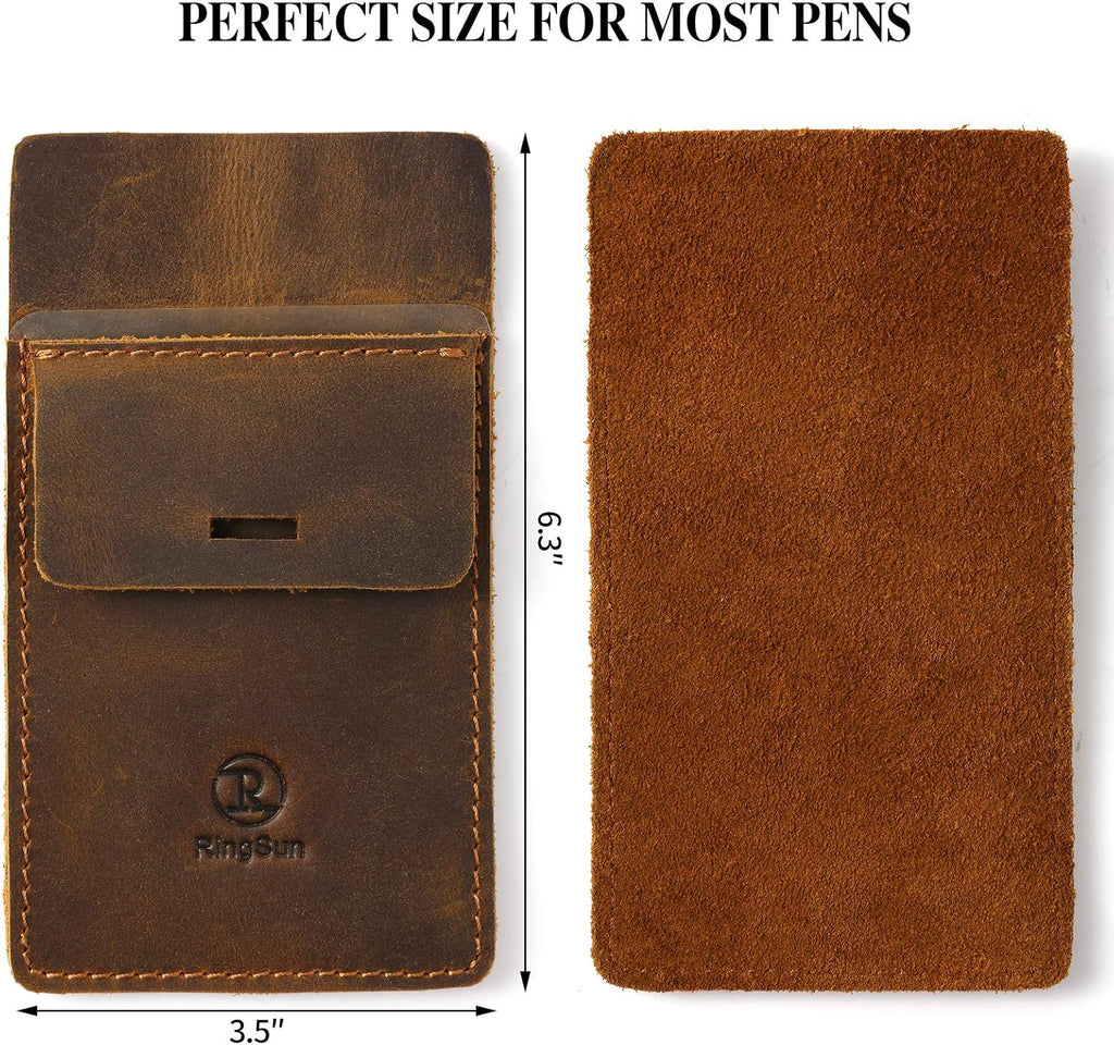 Ringsun Men's Pocket Protector - Full Grain Leather - Heavy Duty Pen Holder for Shirts, Lab Coats - Holds 6 Pens & Pointers & Cards