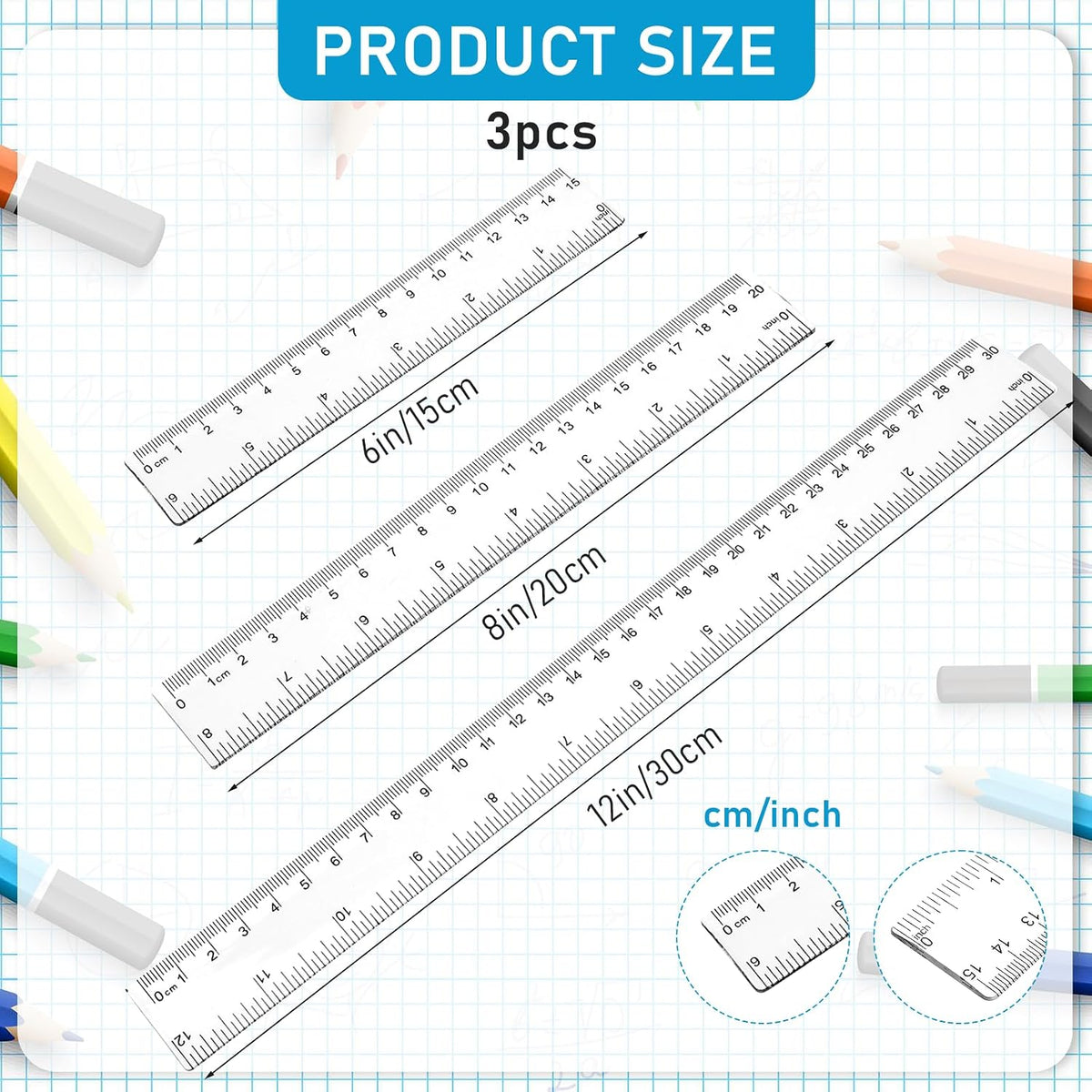 3 Pack 6 Inch 8 Inch 12 Inch Ruler Set Plastic Straight Ruler Transparent Measuring Tool Acrylic Clear Ruler for School Office Student