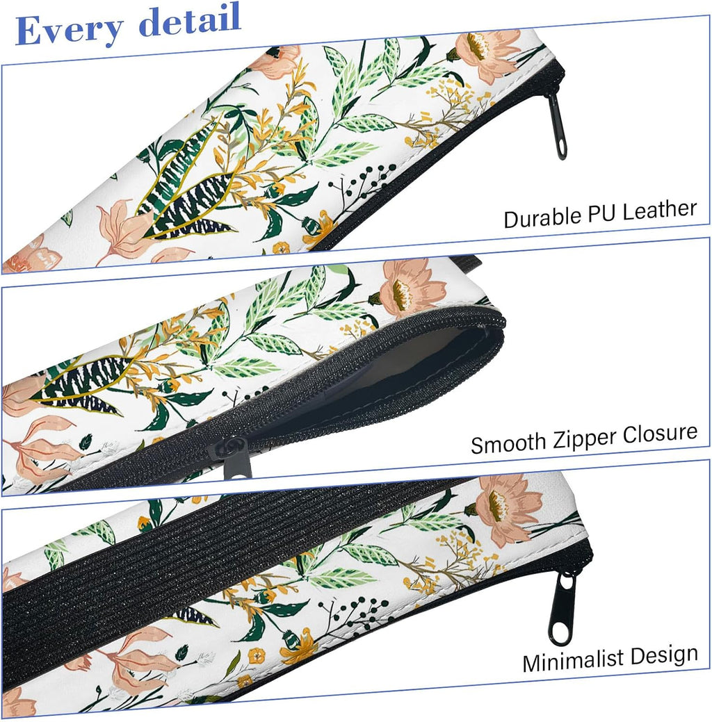 4 Pack Elastic Pen Holder for Notebook, Prints Pen Pouch with Elastic Band and Zipper, Leather Pen Holder for Planners, Journals, Book (Flower)
