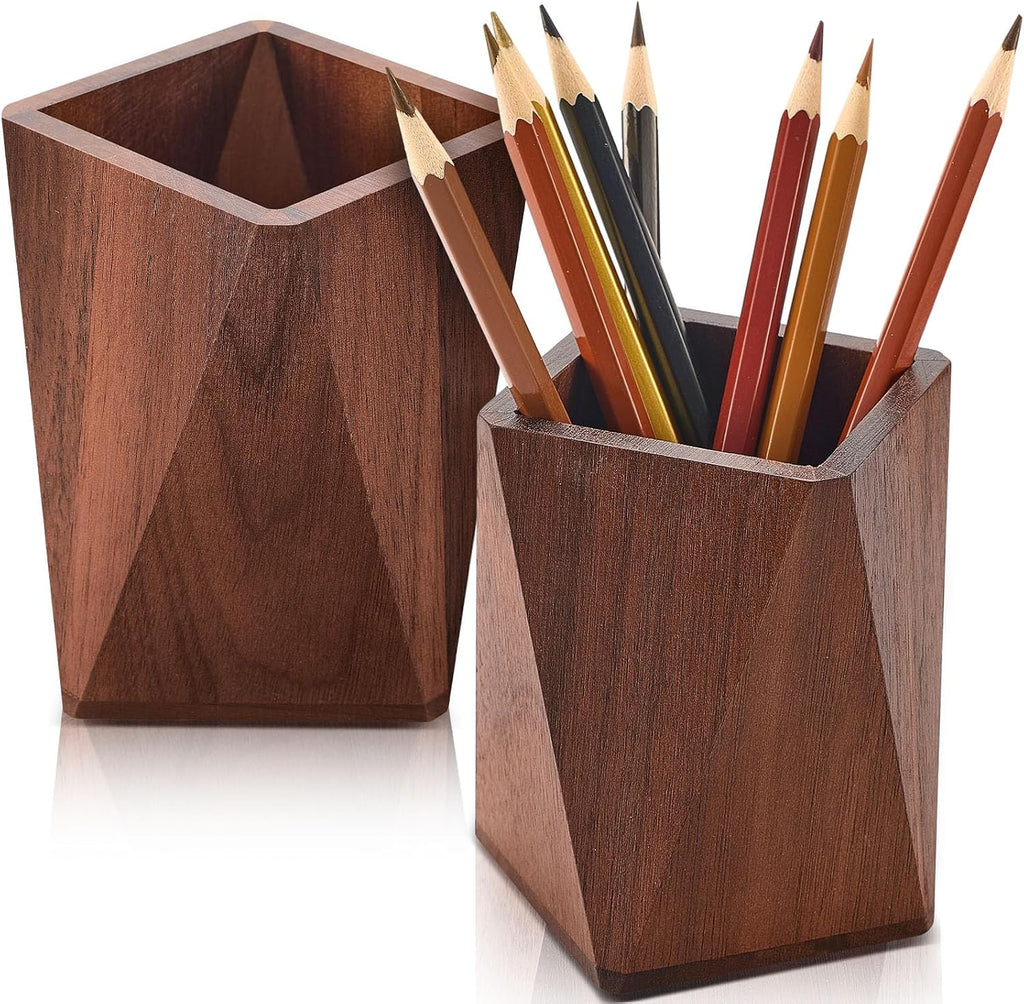 Henoyso 2 Pcs Wood Pen Holder for Desk Wooden Pencil Cups, Black Walnut