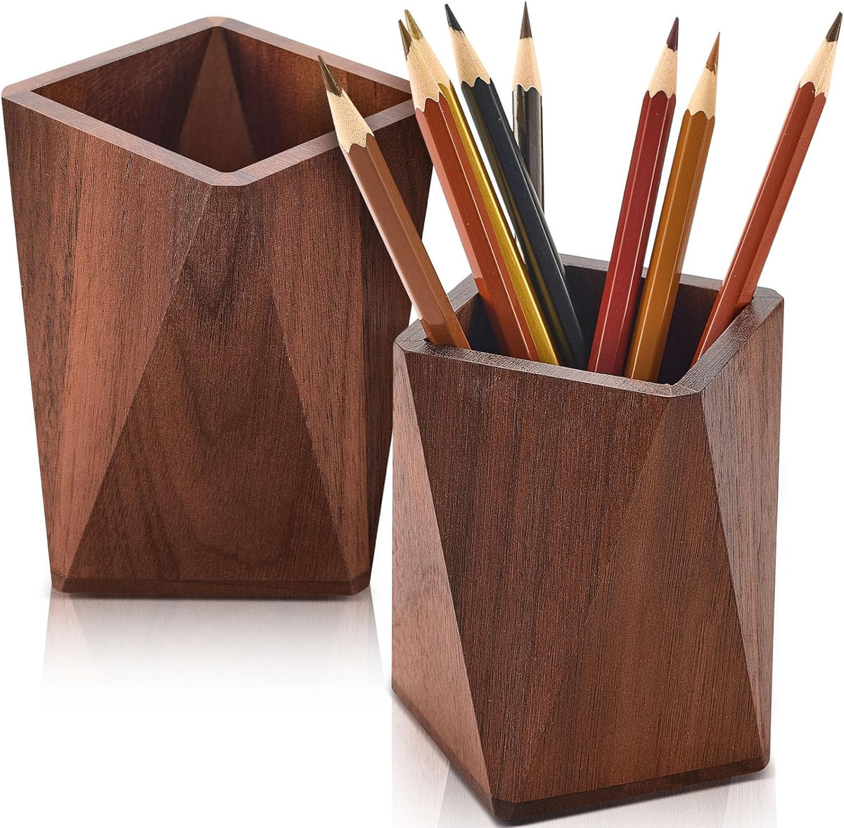 Henoyso 2 Pcs Wood Pen Holder for Desk Wooden Pencil Cups, Black Walnut