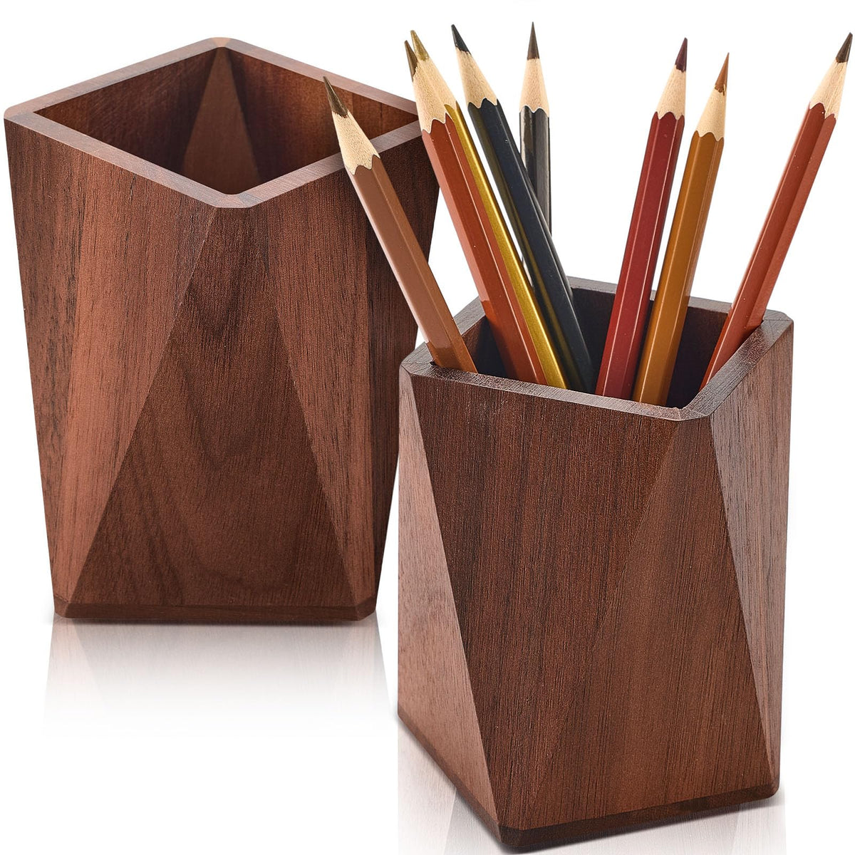 Henoyso 2 Pcs Wood Pen Holder for Desk Wooden Pencil Cups, Black Walnut
