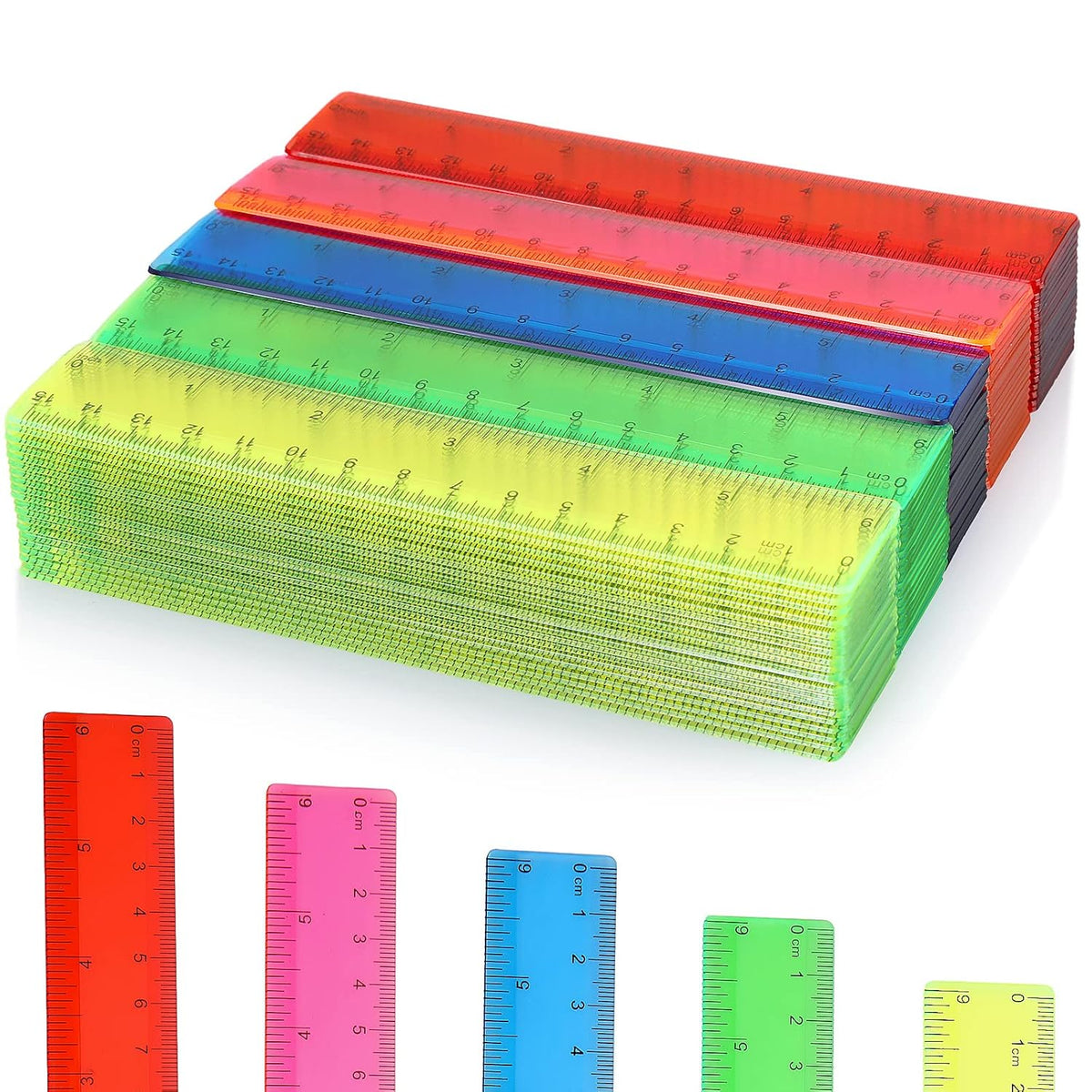 Zonon 100 Pcs 6 Inch Plastic Rulers Flexible Dual,Colorful, Transparent