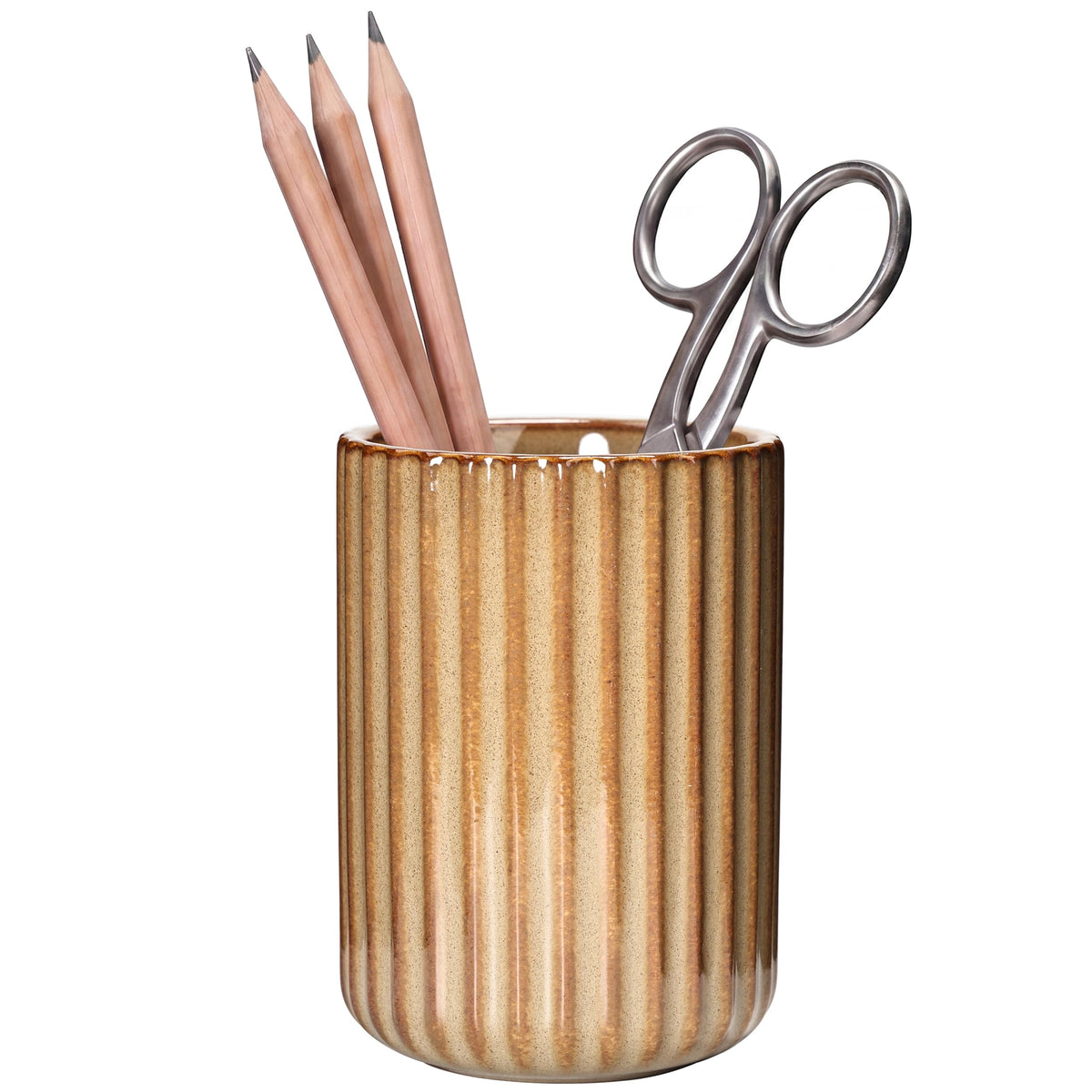 Ceramic Pen Holder with Vertical Groove Design, Desk Pen Pencil Cup for Office, Multipurpose Ceramic Cup for Pens, Pencils, Makeup Brushes, Small Ceramic Vase, Fish Belly White Fluted Surface