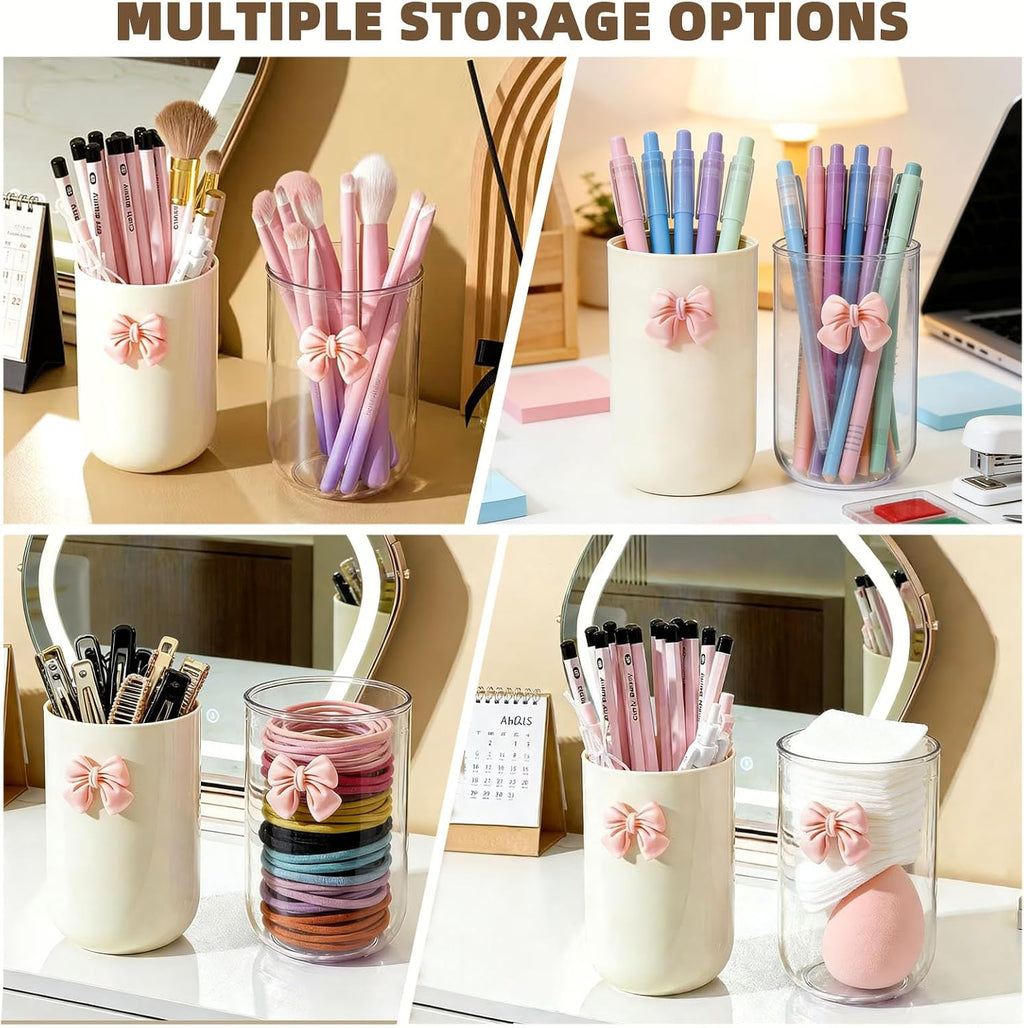 2 Pack Pen Pencil Holder for Desk, Acrylic Desk Organizer with Bow Clear Makeup Brush Holder Cup Desktop Stationery for Office School (Transparent+Beige)