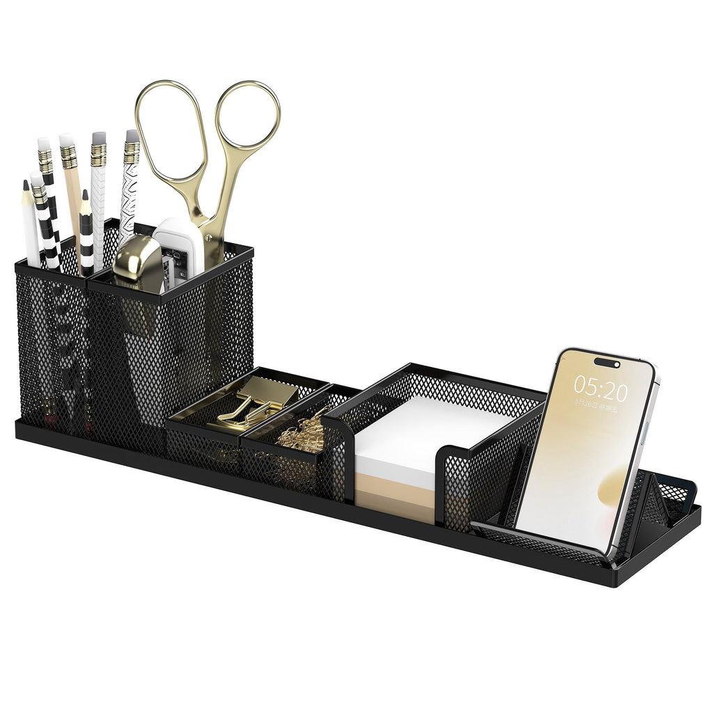 Pen Holder for Desk, 6-Piece Mesh Desk Organizer with Phone Holder, Black